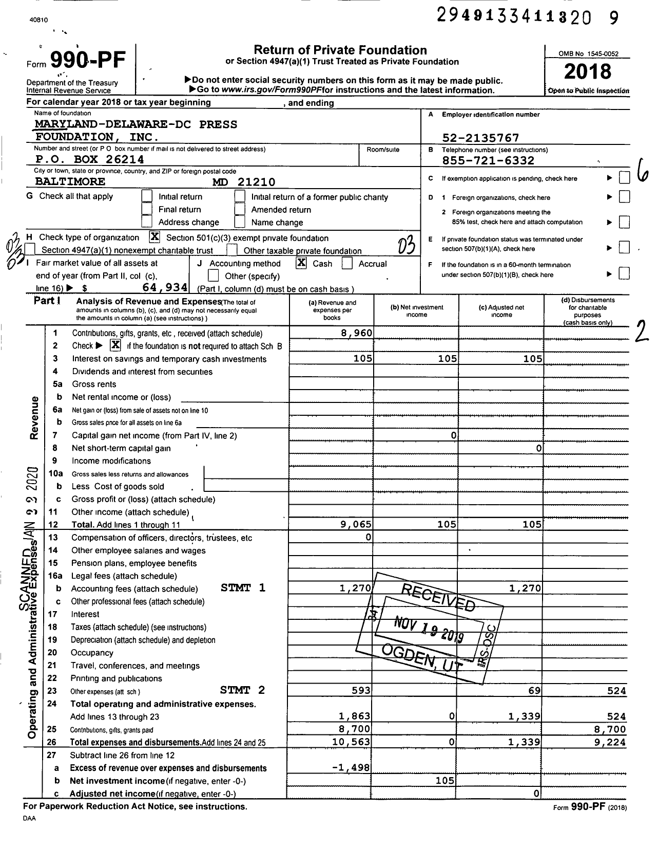 Image of first page of 2018 Form 990PF for Maryland-Delaware-Dc Press Foundation