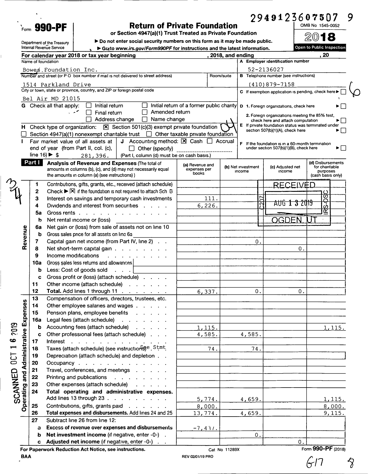 Image of first page of 2018 Form 990PF for Bowes Foundation