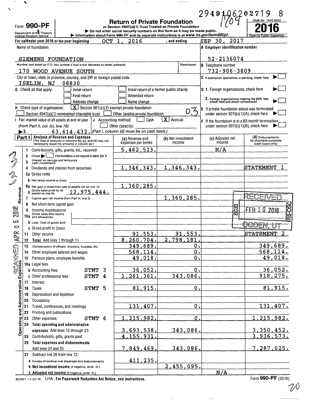 Image of first page of 2016 Form 990PF for Siemens Foundation