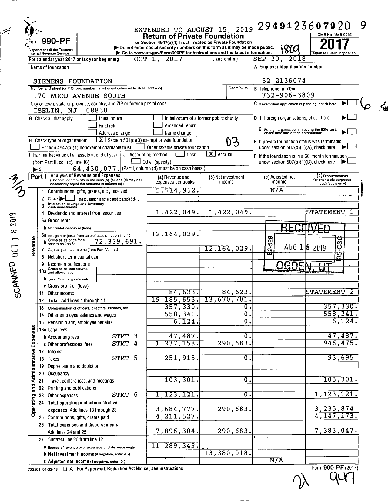 Image of first page of 2017 Form 990PF for Siemens Foundation