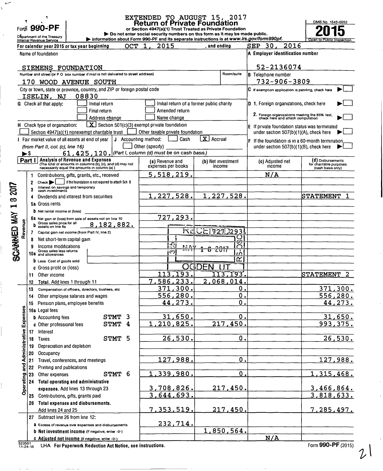 Image of first page of 2015 Form 990PF for Siemens Foundation