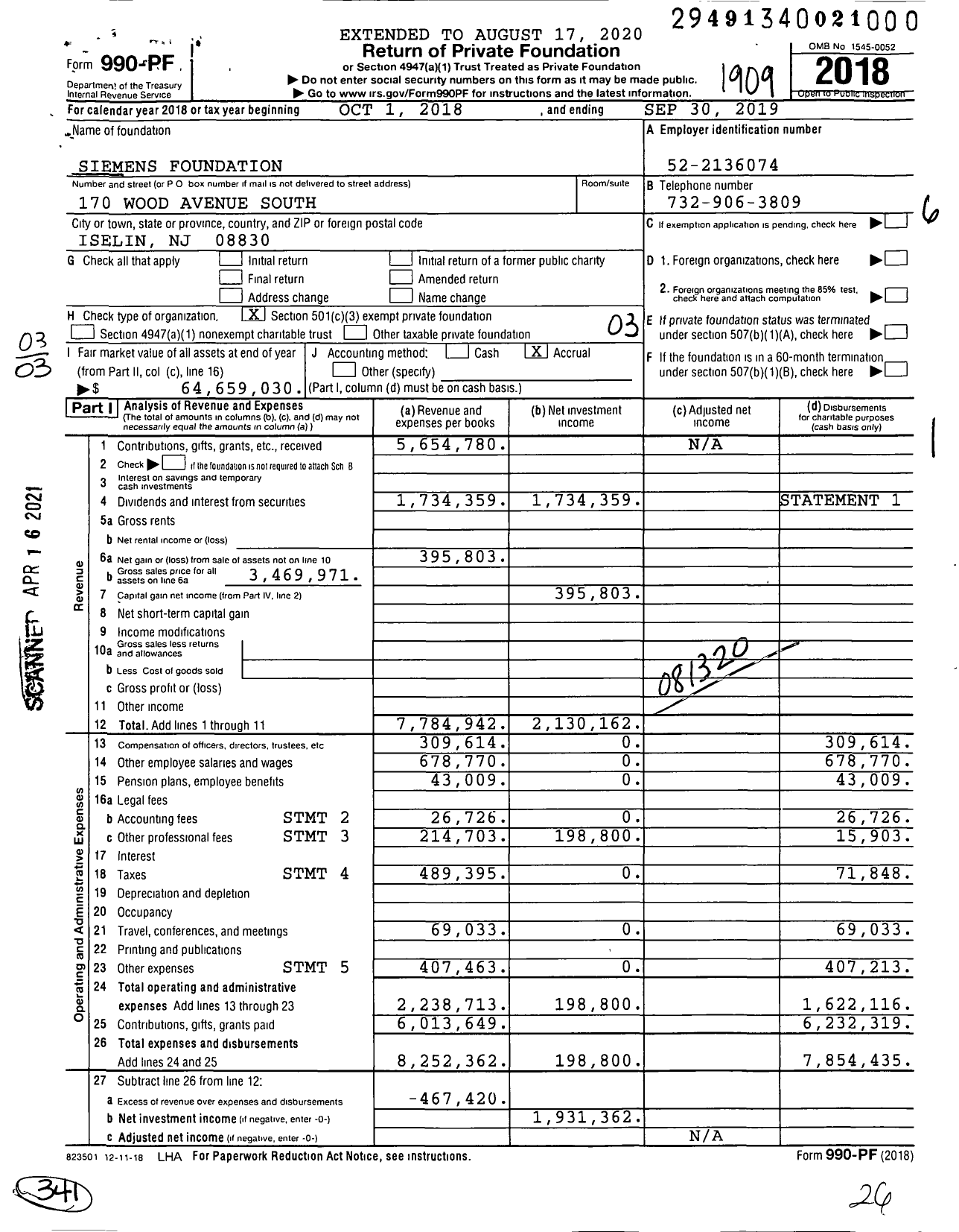 Image of first page of 2018 Form 990PF for Siemens Foundation