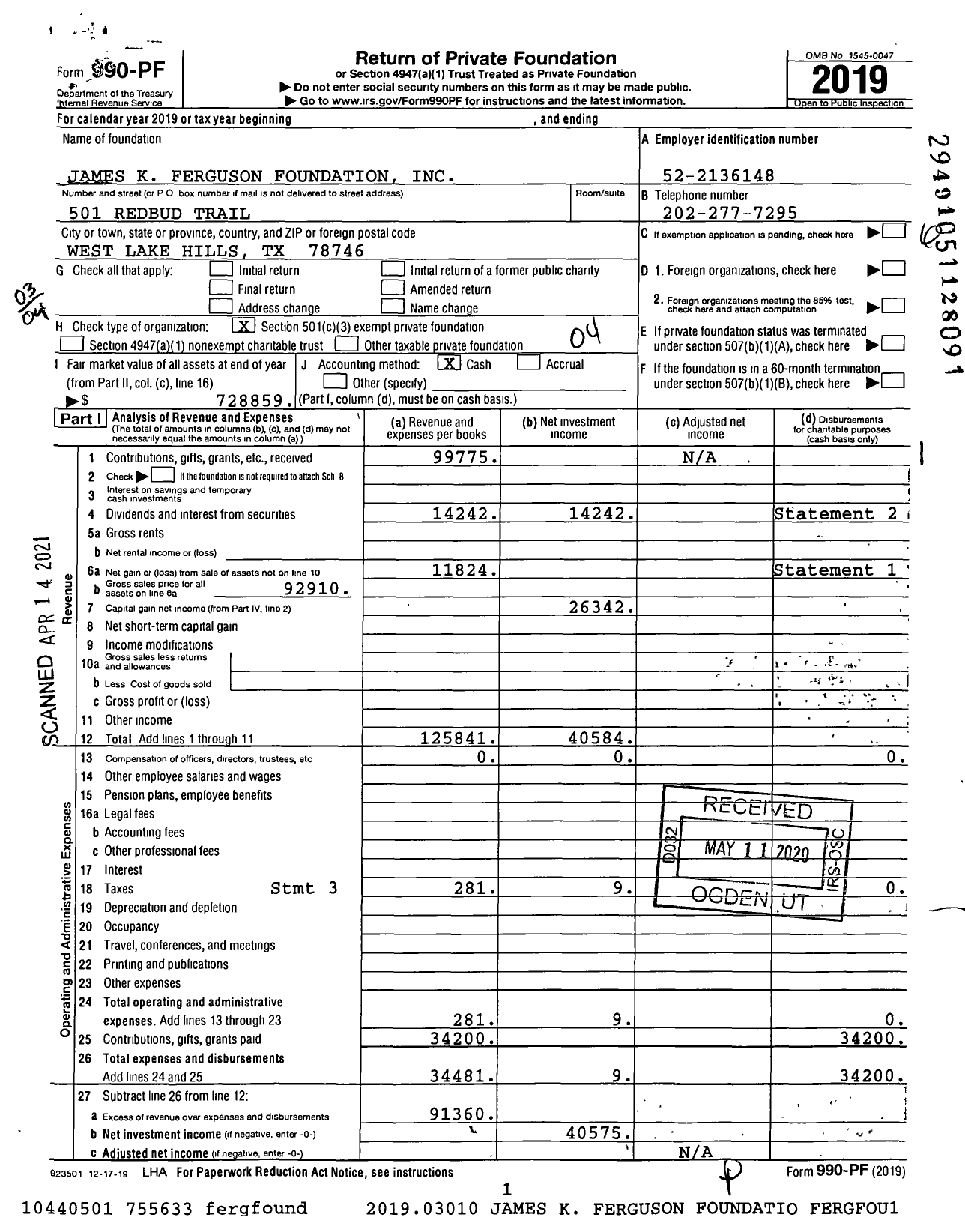 Image of first page of 2019 Form 990PF for James K Ferguson Foundation