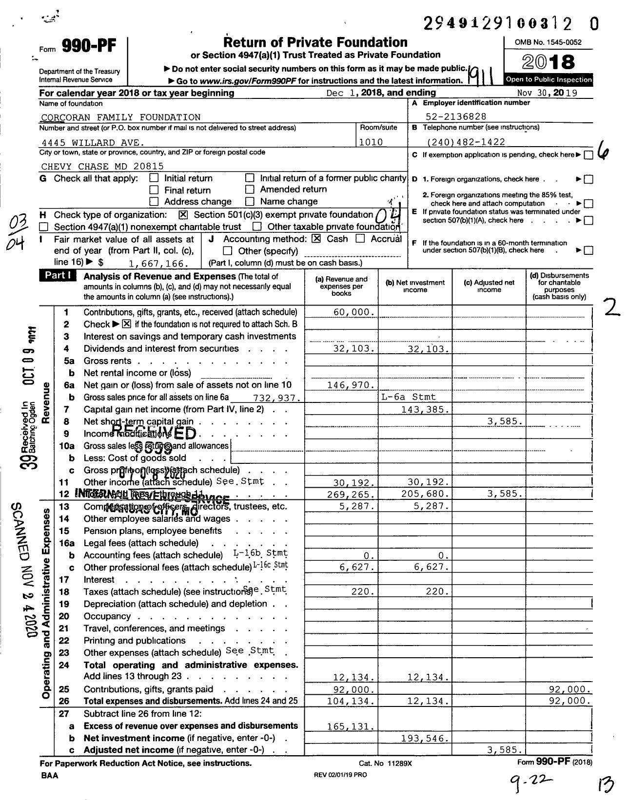 Image of first page of 2018 Form 990PF for Corcoran Family Foundation / 749-74d74