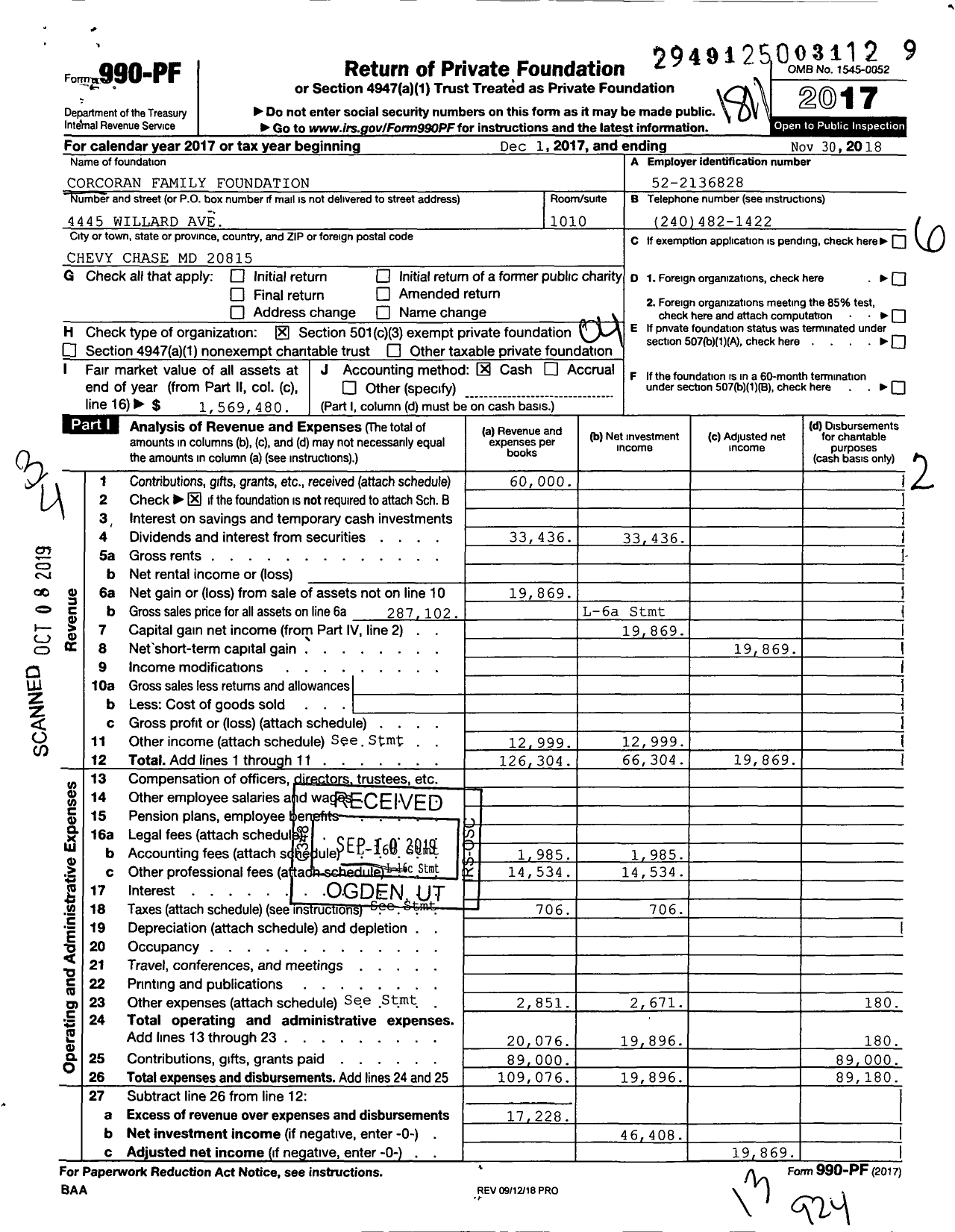 Image of first page of 2017 Form 990PF for Corcoran Family Foundation / 749-74d74