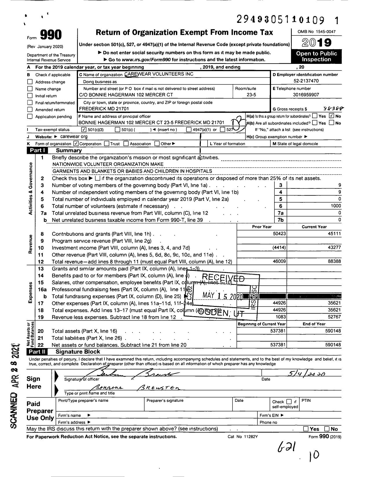 Image of first page of 2019 Form 990 for Care Wear Volunteers