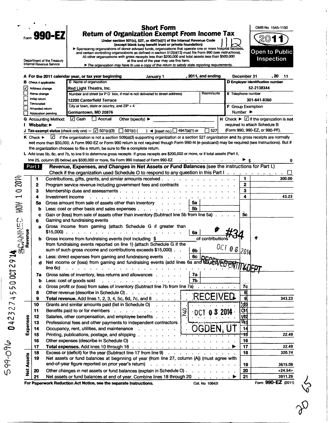 Image of first page of 2011 Form 990EZ for Red Light Theatre