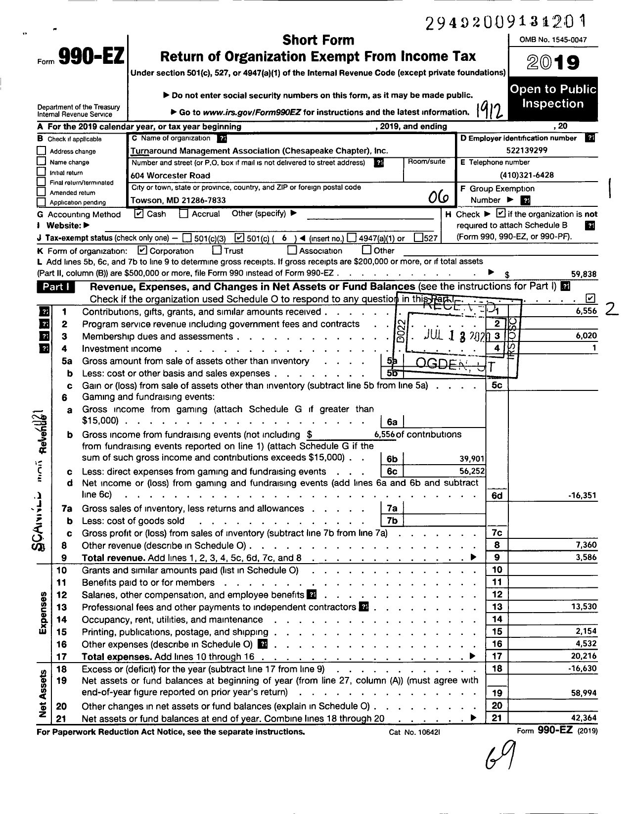 Image of first page of 2019 Form 990EO for Turnaround Management Association Chesapeake Chapter