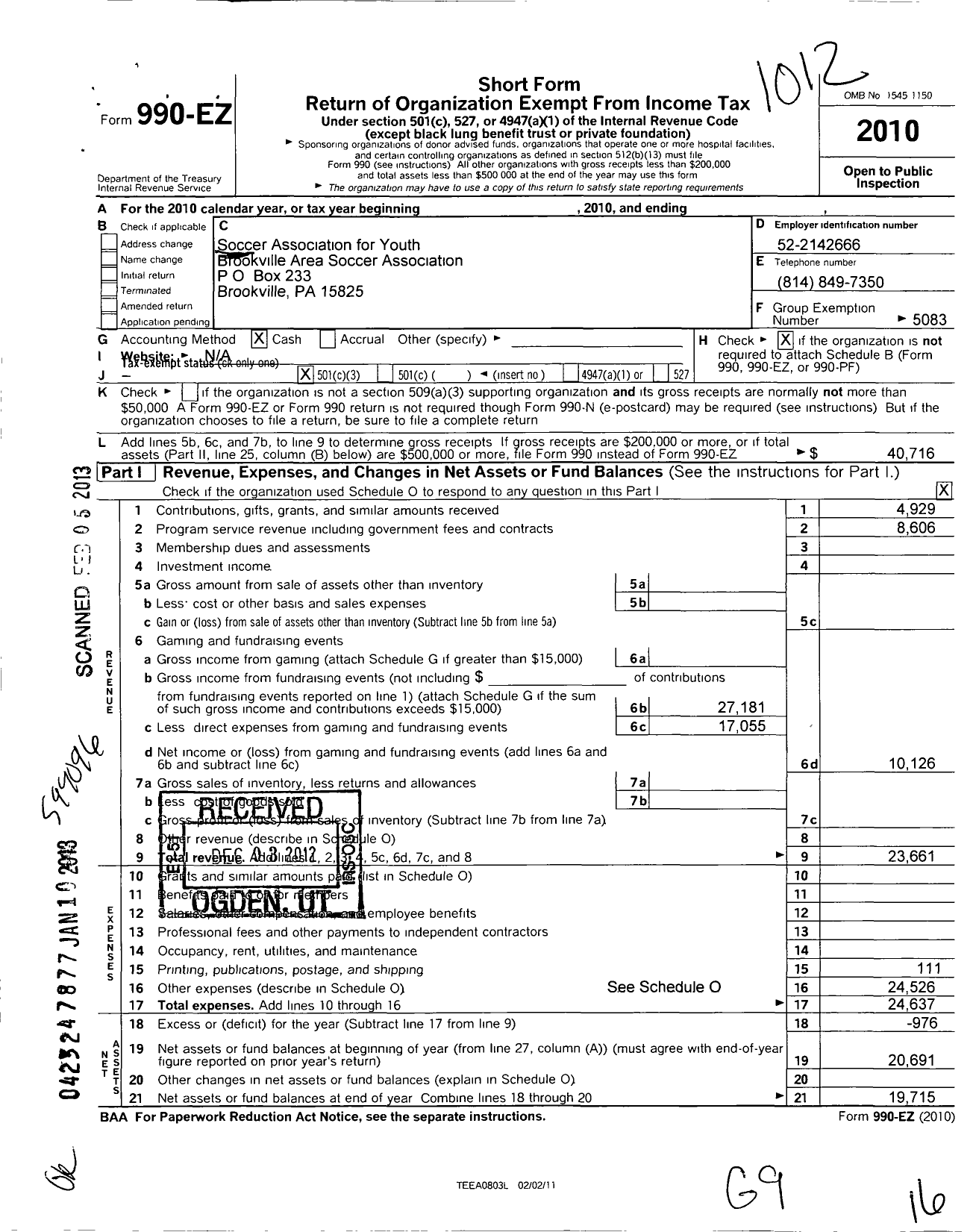 Image of first page of 2010 Form 990EZ for Brookville Area Soccer Association