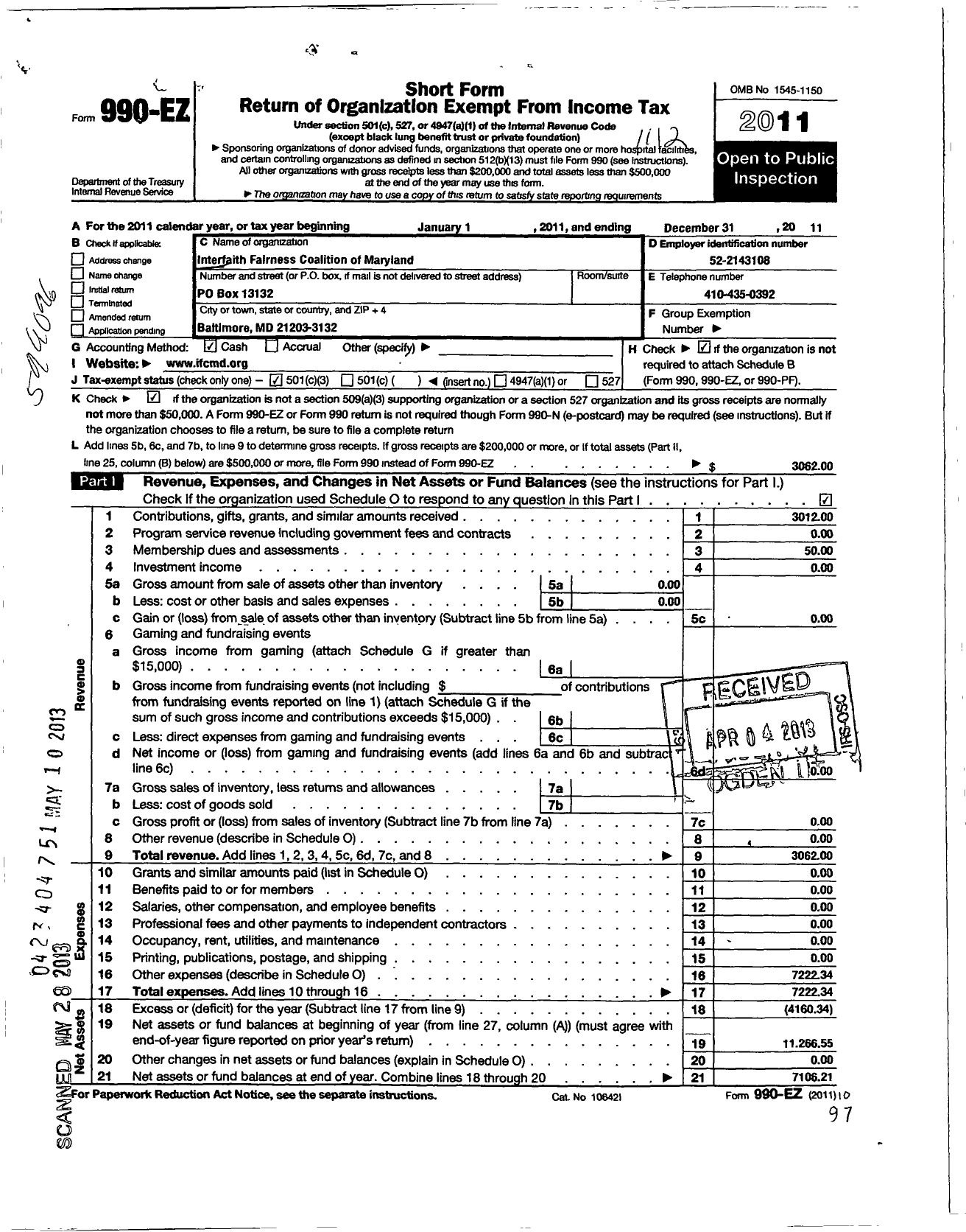 Image of first page of 2011 Form 990EZ for Interfaith Fairness Coalition of Maryland