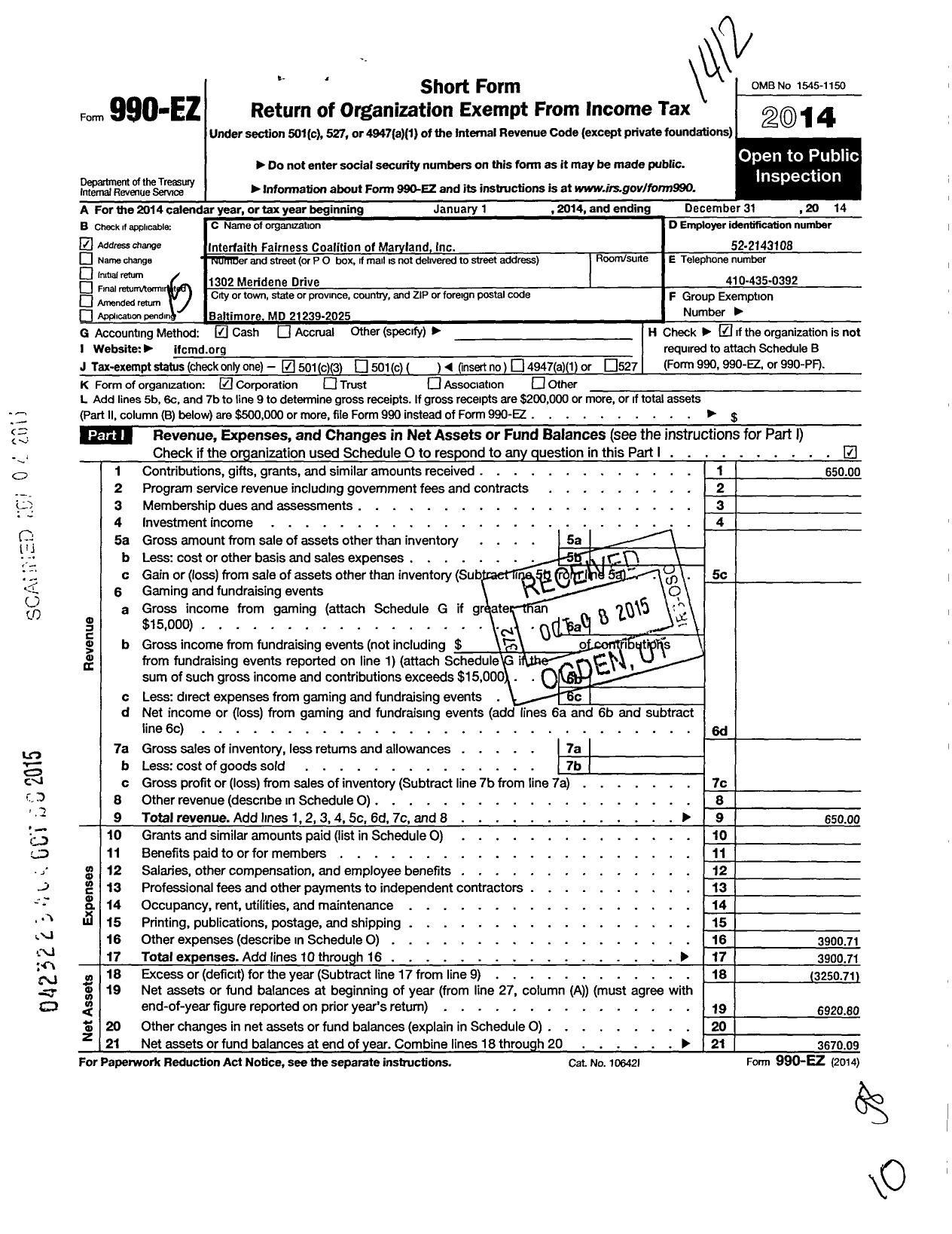 Image of first page of 2014 Form 990EZ for Interfaith Fairness Coalition of Maryland