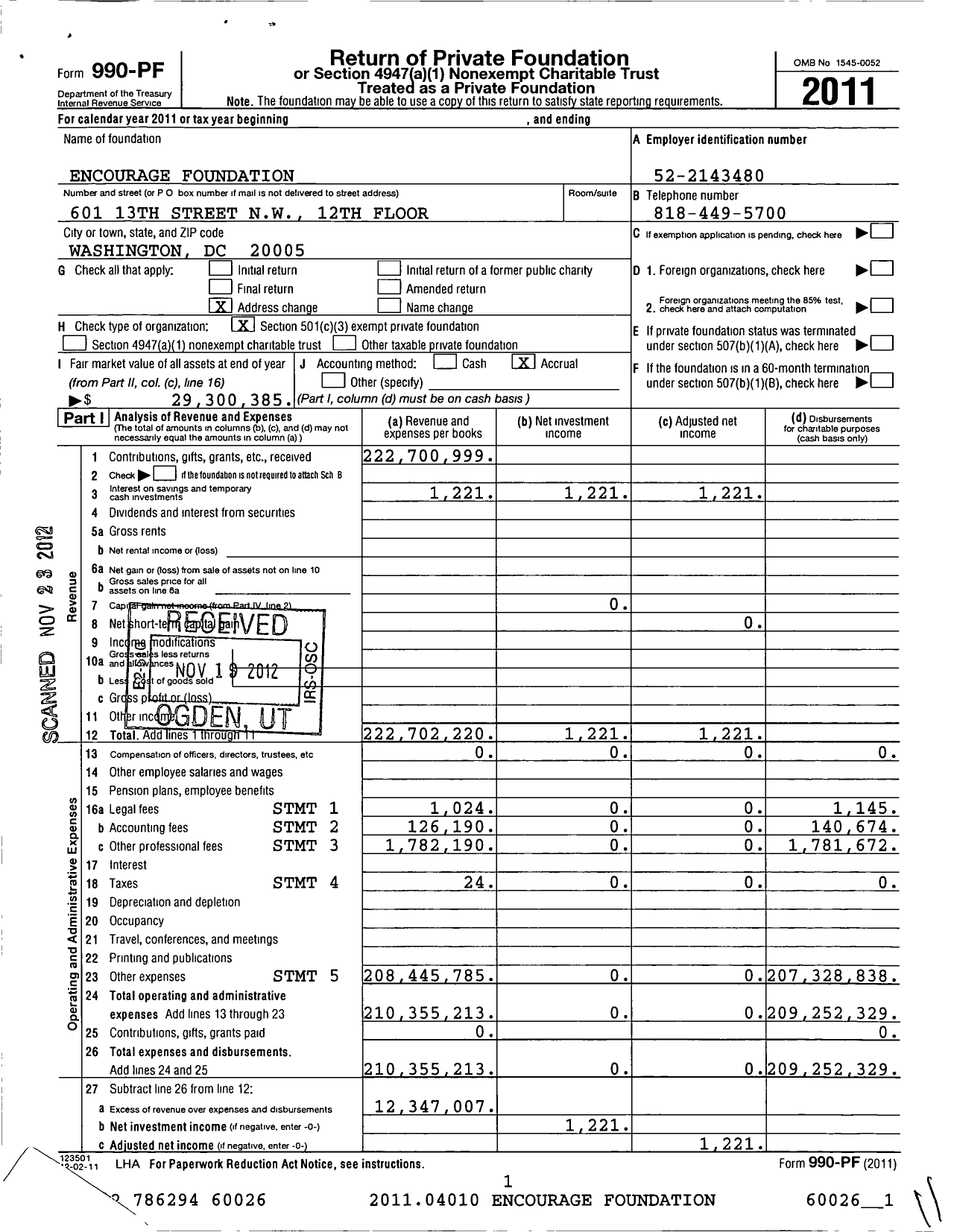 Image of first page of 2011 Form 990PF for Encourage Foundation