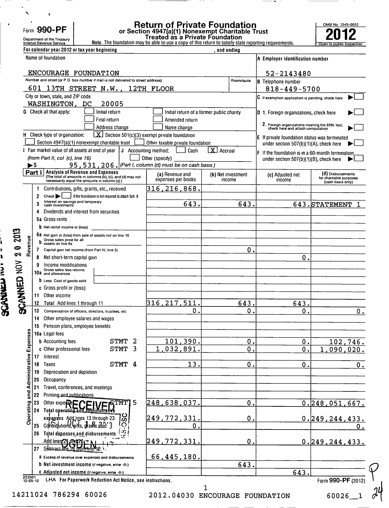 Image of first page of 2012 Form 990PF for Encourage Foundation