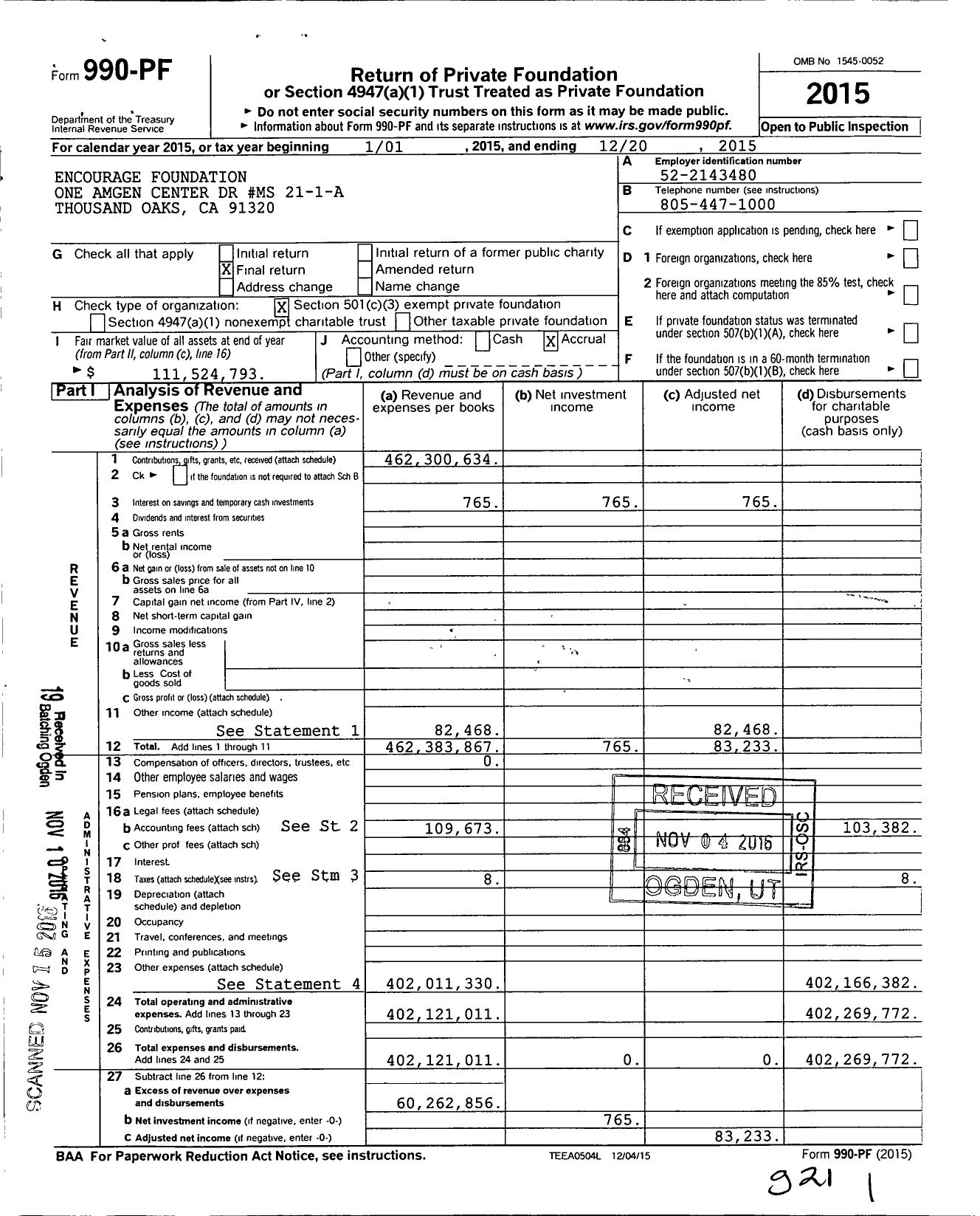 Image of first page of 2015 Form 990PF for Encourage Foundation