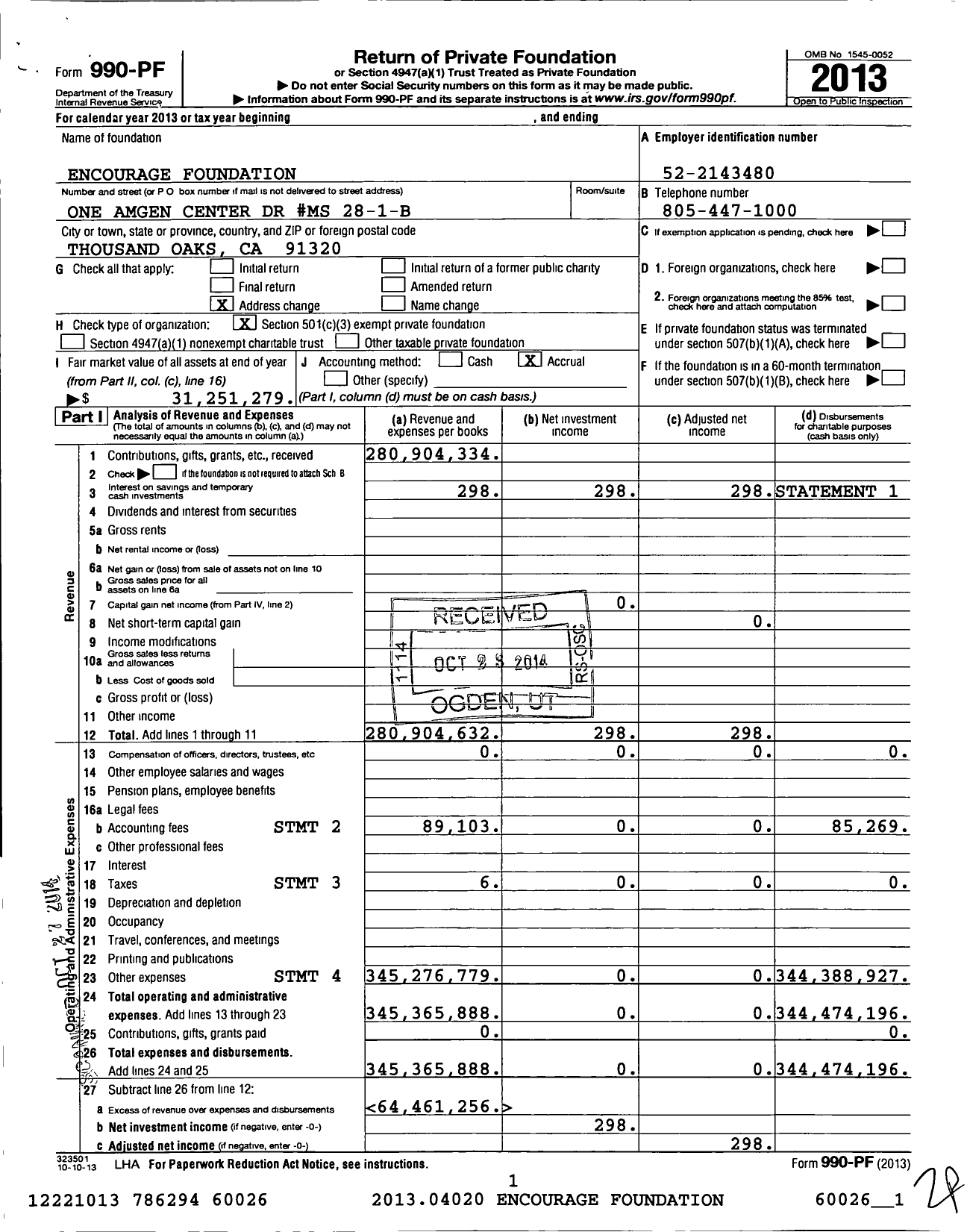 Image of first page of 2013 Form 990PF for Encourage Foundation
