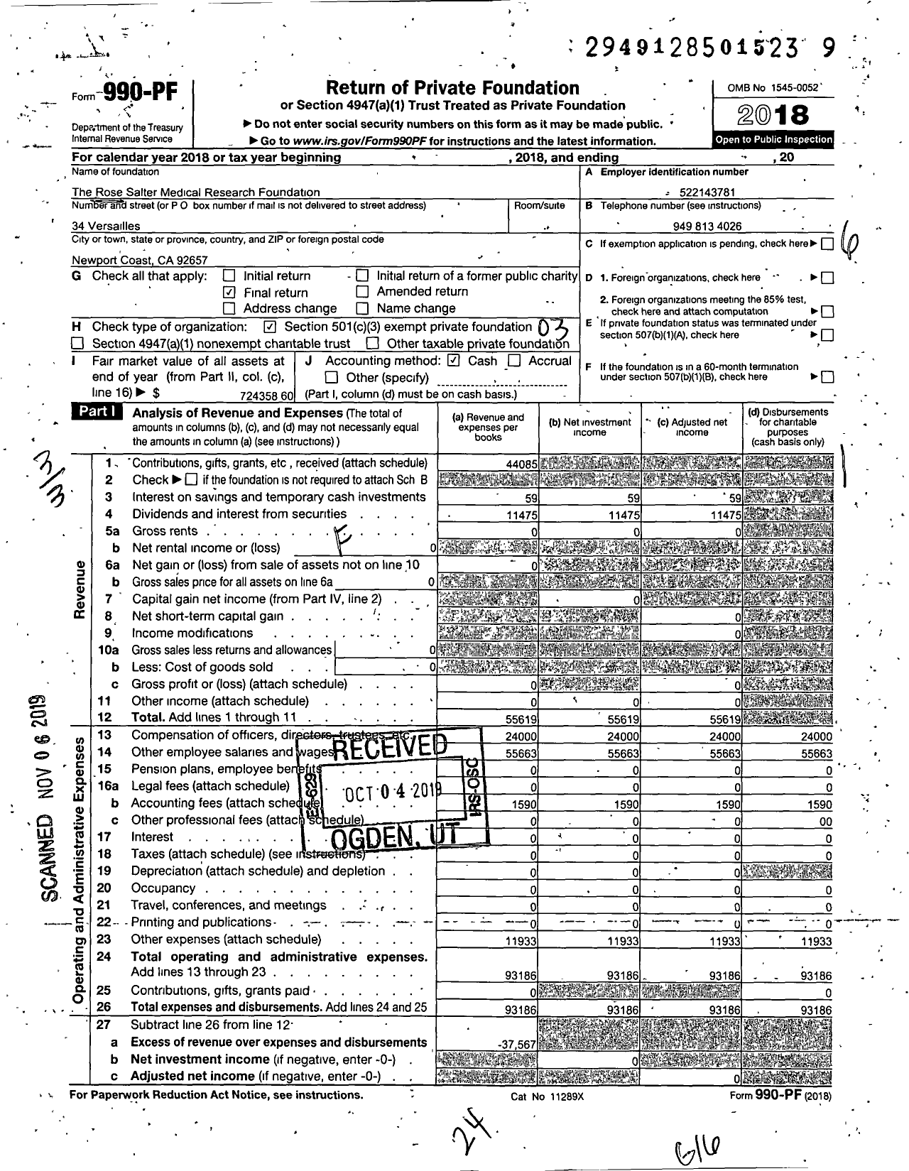 Image of first page of 2018 Form 990PF for Rose Salter Medical Research Foundation