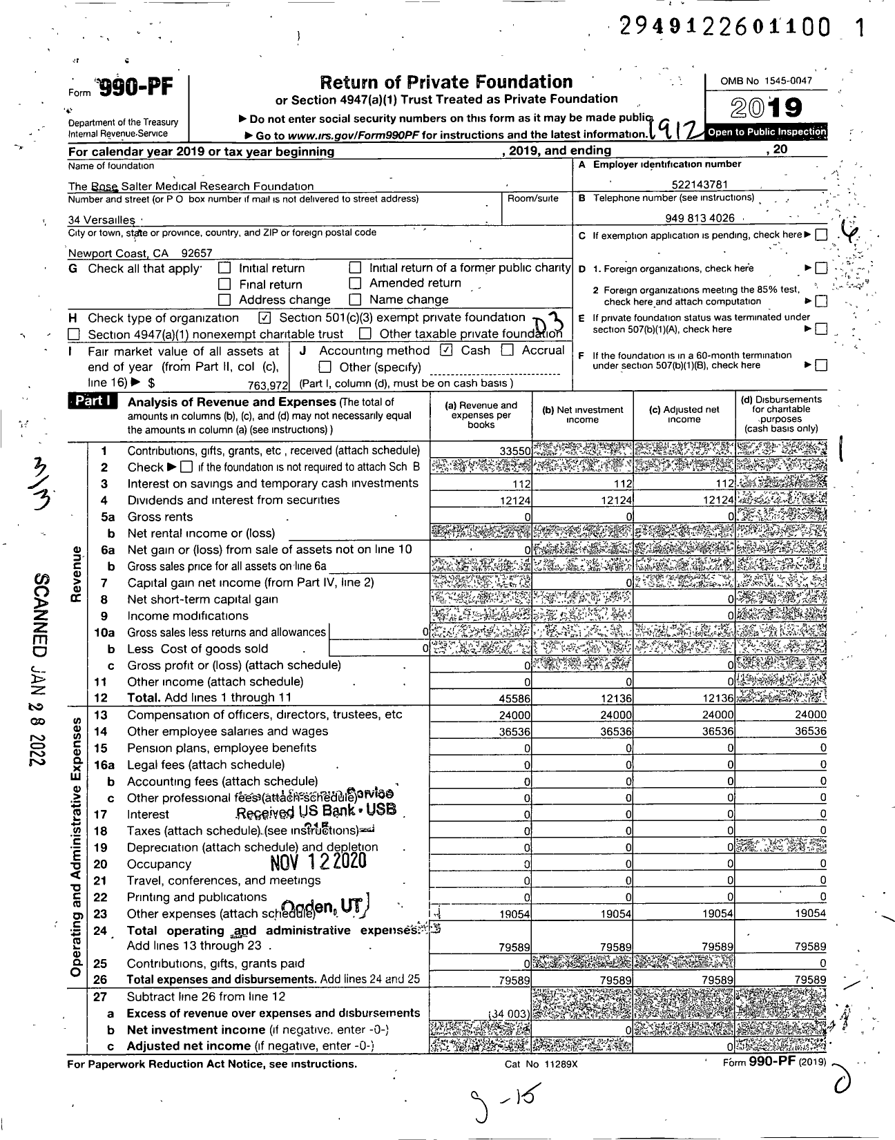 Image of first page of 2019 Form 990PF for Rose Salter Medical Research Foundation