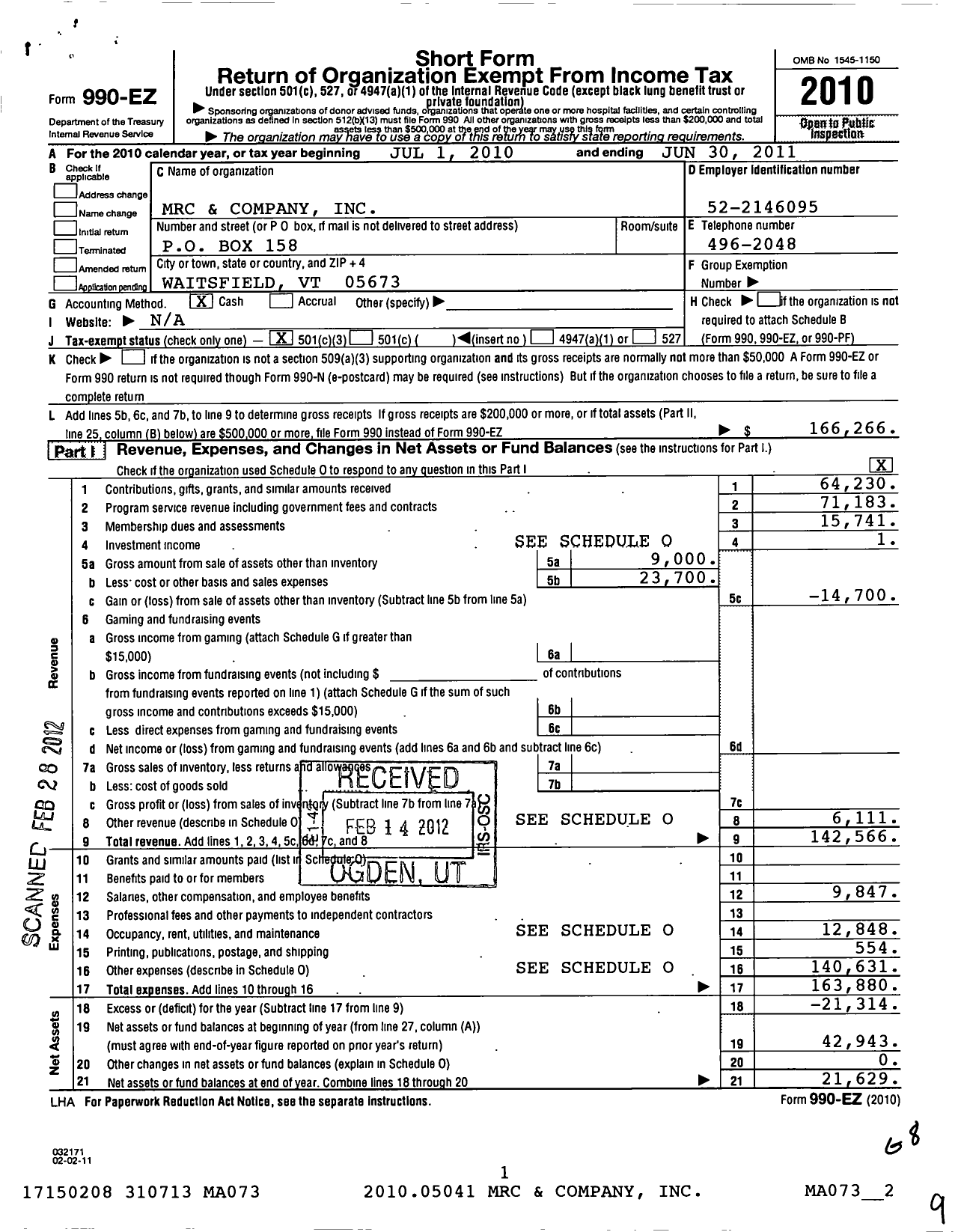 Image of first page of 2010 Form 990EZ for MRC and Company