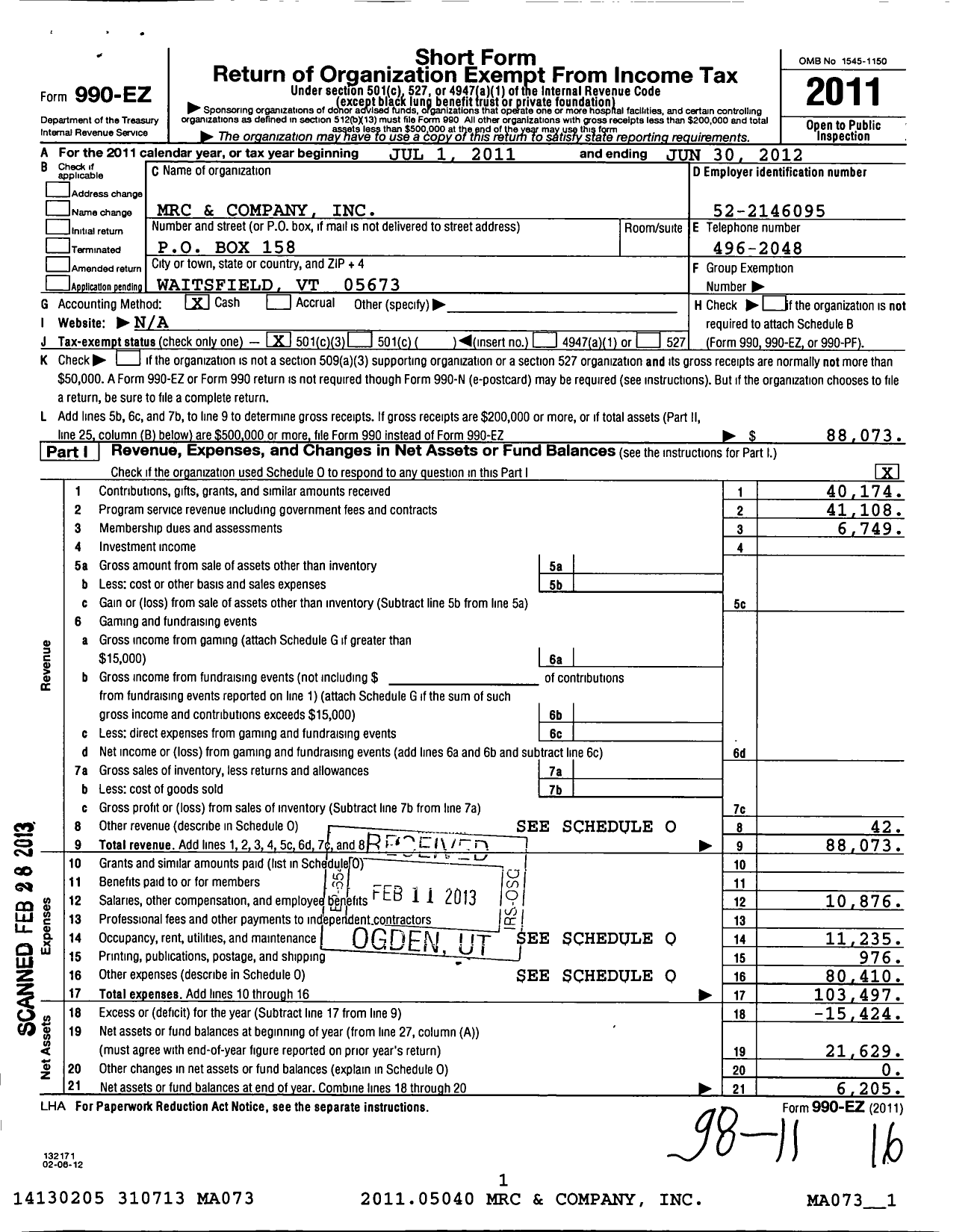 Image of first page of 2011 Form 990EZ for MRC and Company