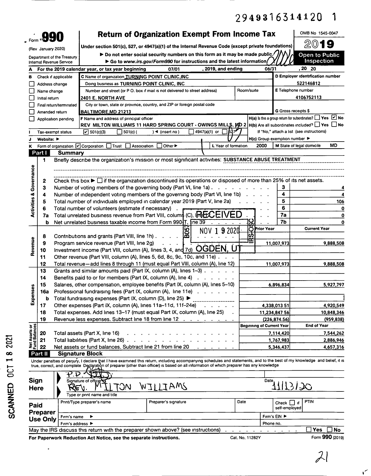 Image of first page of 2019 Form 990 for Turning Point Clinic