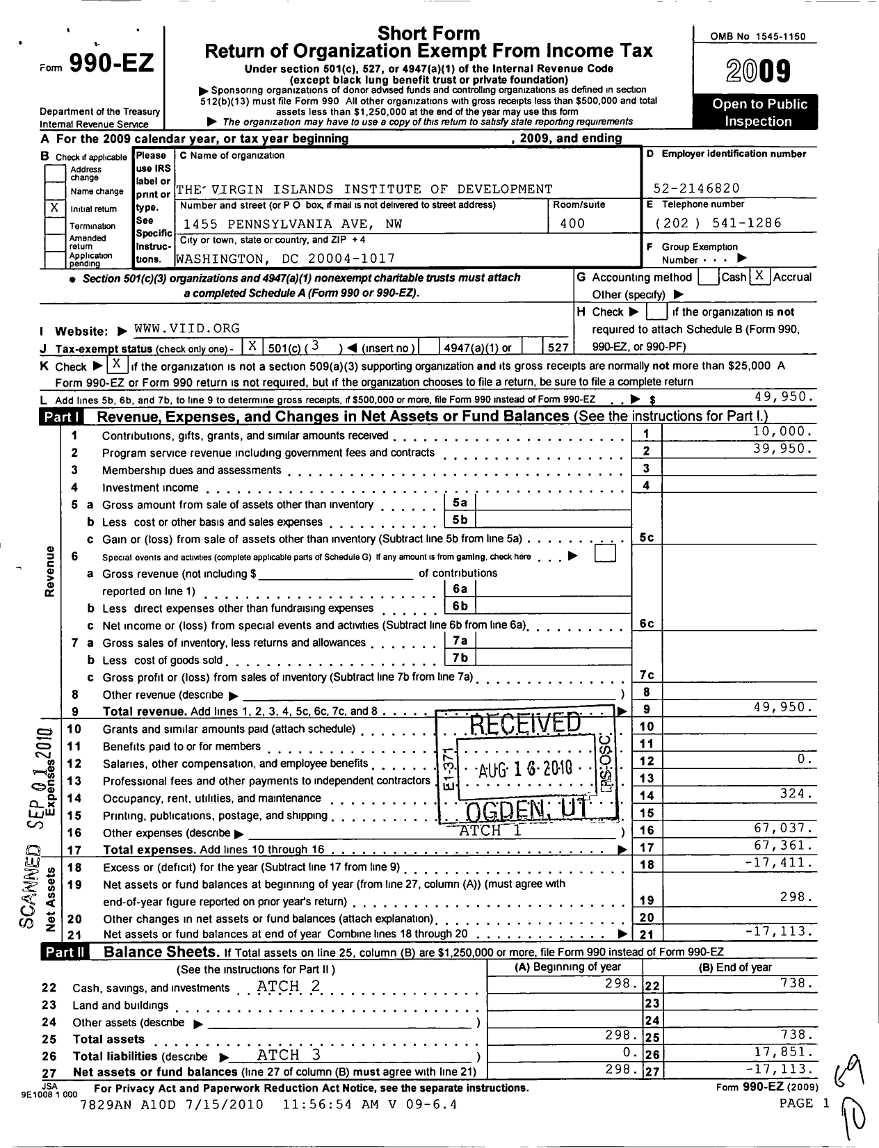 Image of first page of 2009 Form 990EZ for Virgin Islands Institute of Development