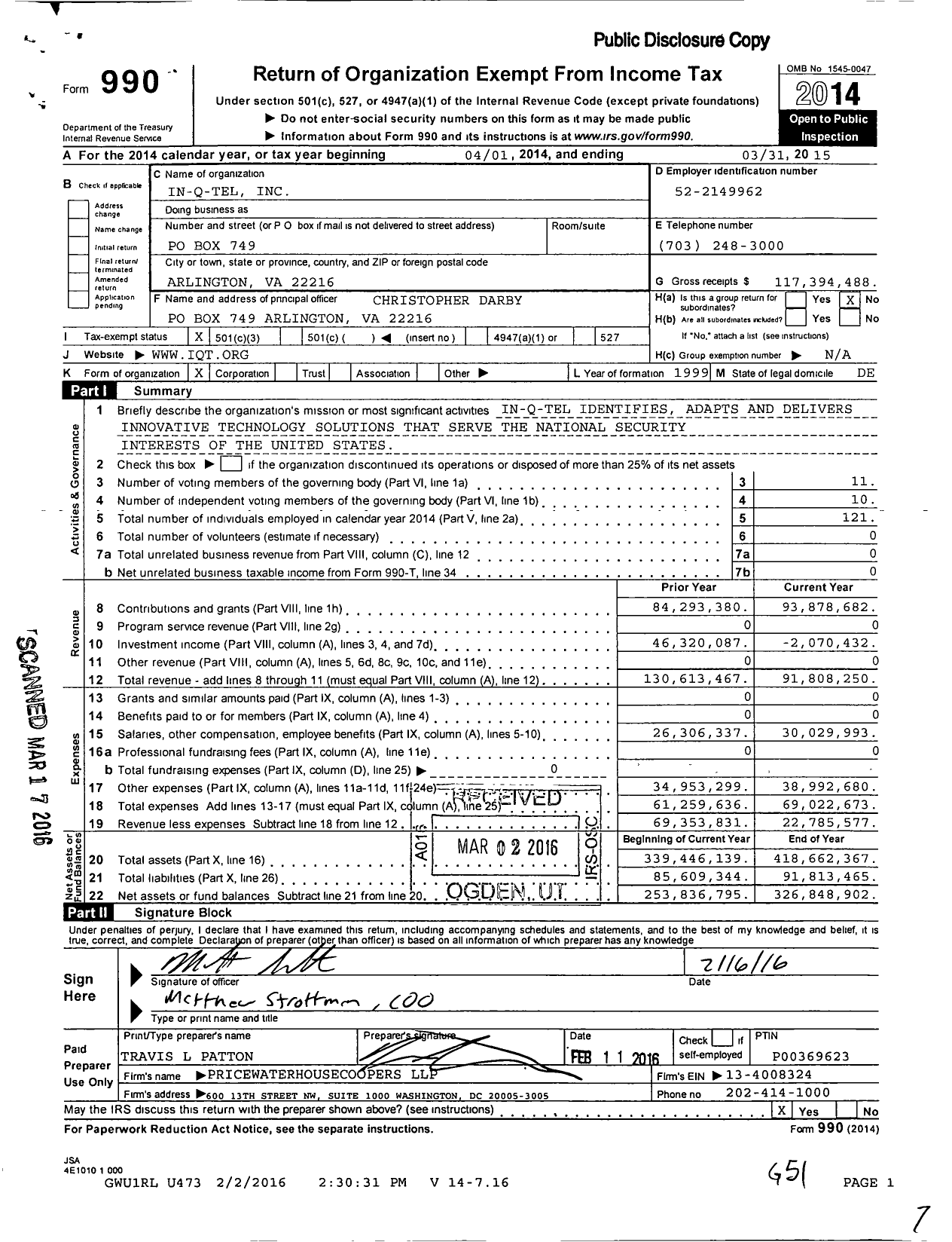 Image of first page of 2014 Form 990 for In-Q-Tel