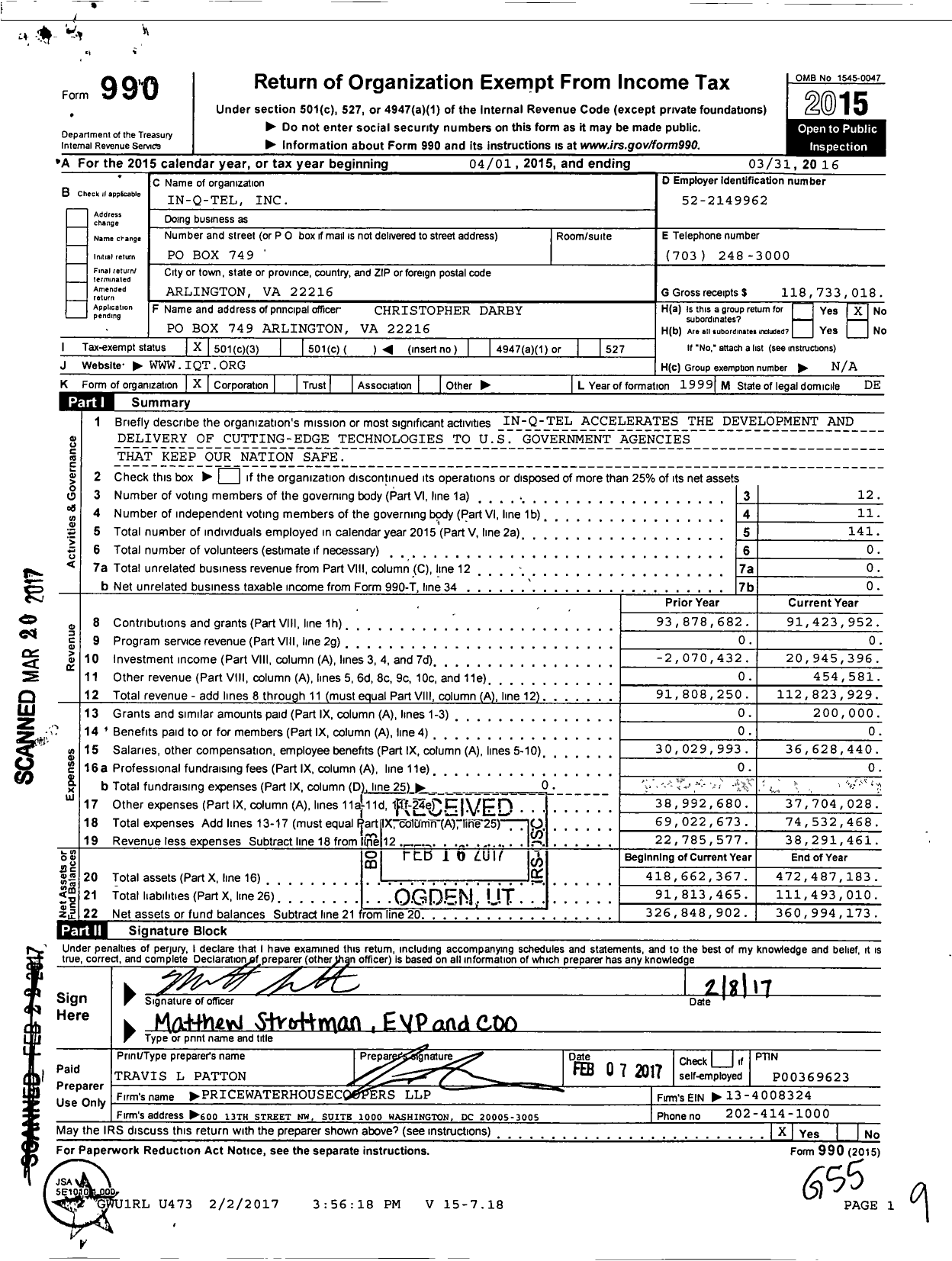 Image of first page of 2015 Form 990 for In-Q-Tel