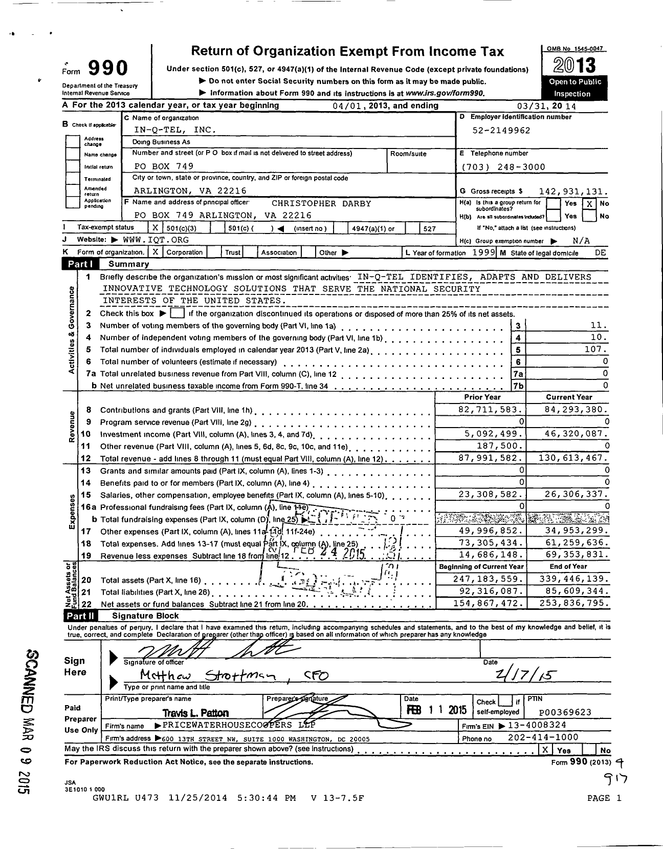 Image of first page of 2013 Form 990 for In-Q-Tel