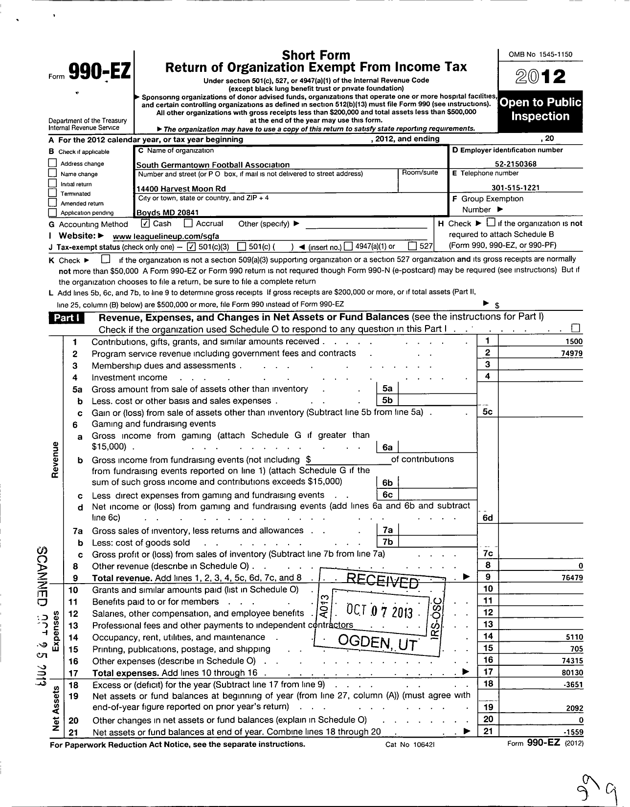 Image of first page of 2012 Form 990EZ for Germantown Sports Association