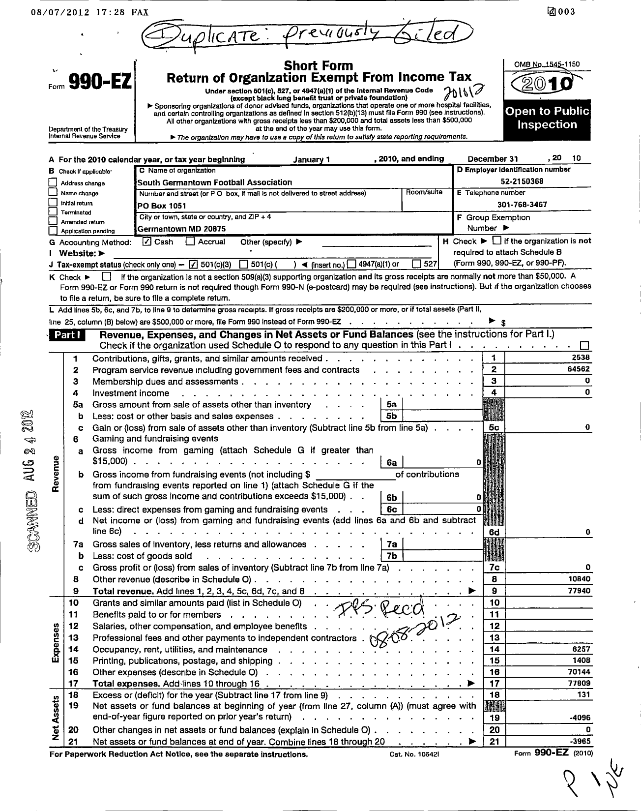 Image of first page of 2010 Form 990EZ for Germantown Sports Association