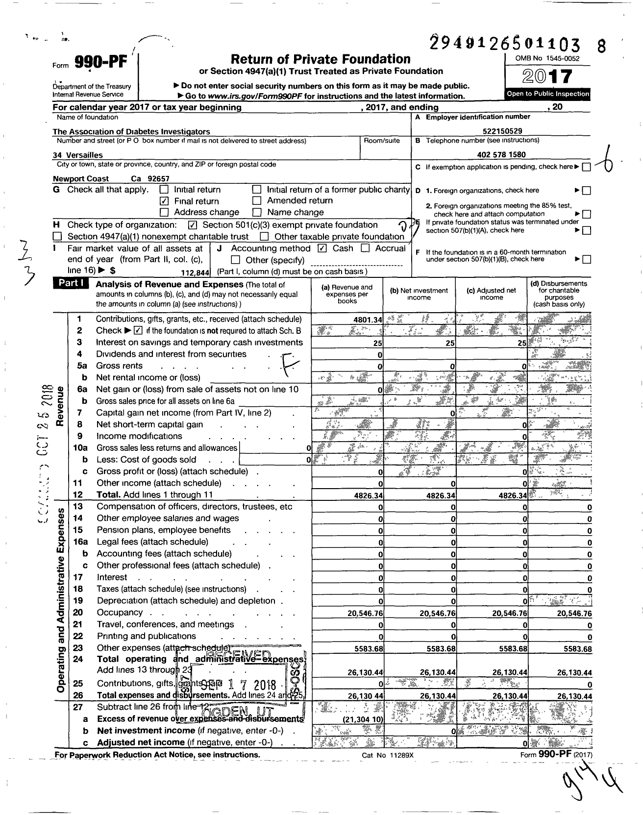 Image of first page of 2017 Form 990PF for The Association of Diabetes Investigators