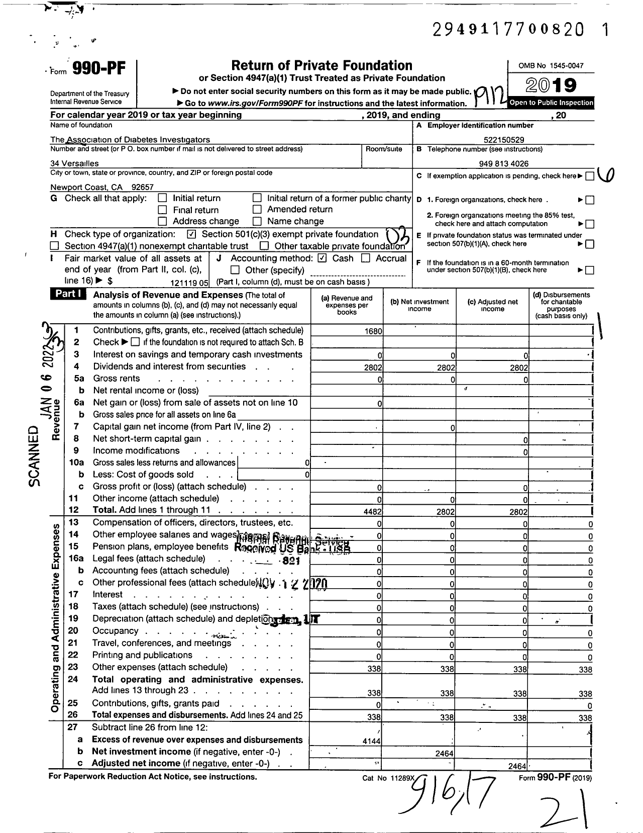 Image of first page of 2019 Form 990PF for The Association of Diabetes Investigators