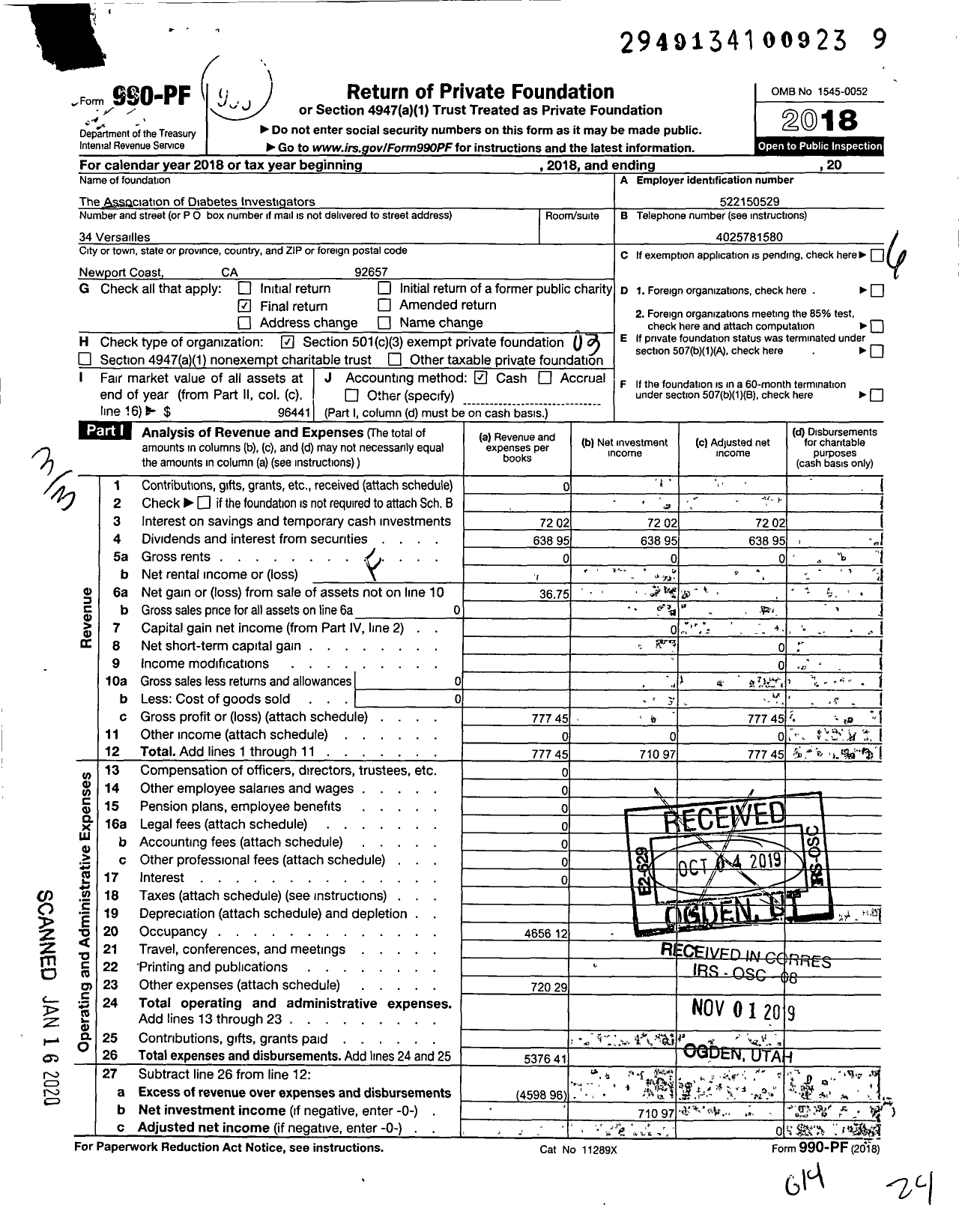 Image of first page of 2018 Form 990PF for The Association of Diabetes Investigators