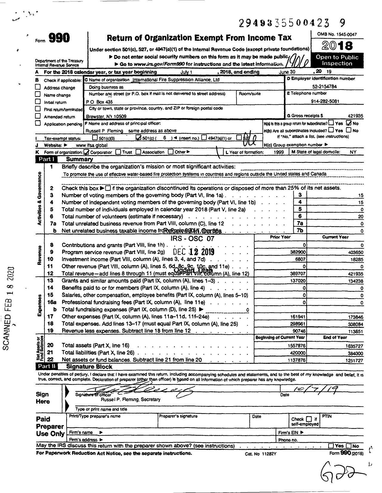 Image of first page of 2018 Form 990O for International Fire Suppression Alliance