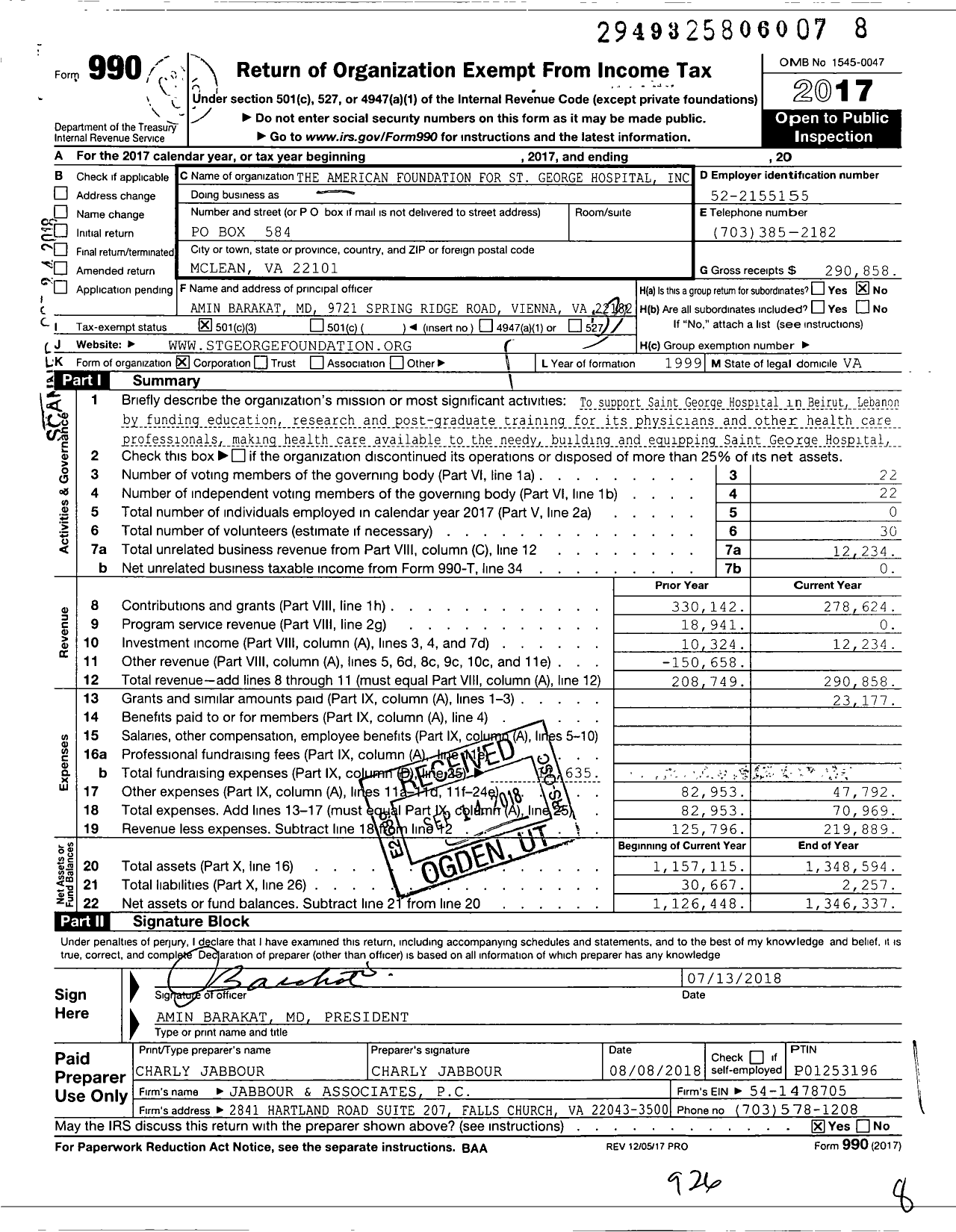Image of first page of 2017 Form 990 for American Foundation for St George Hospital