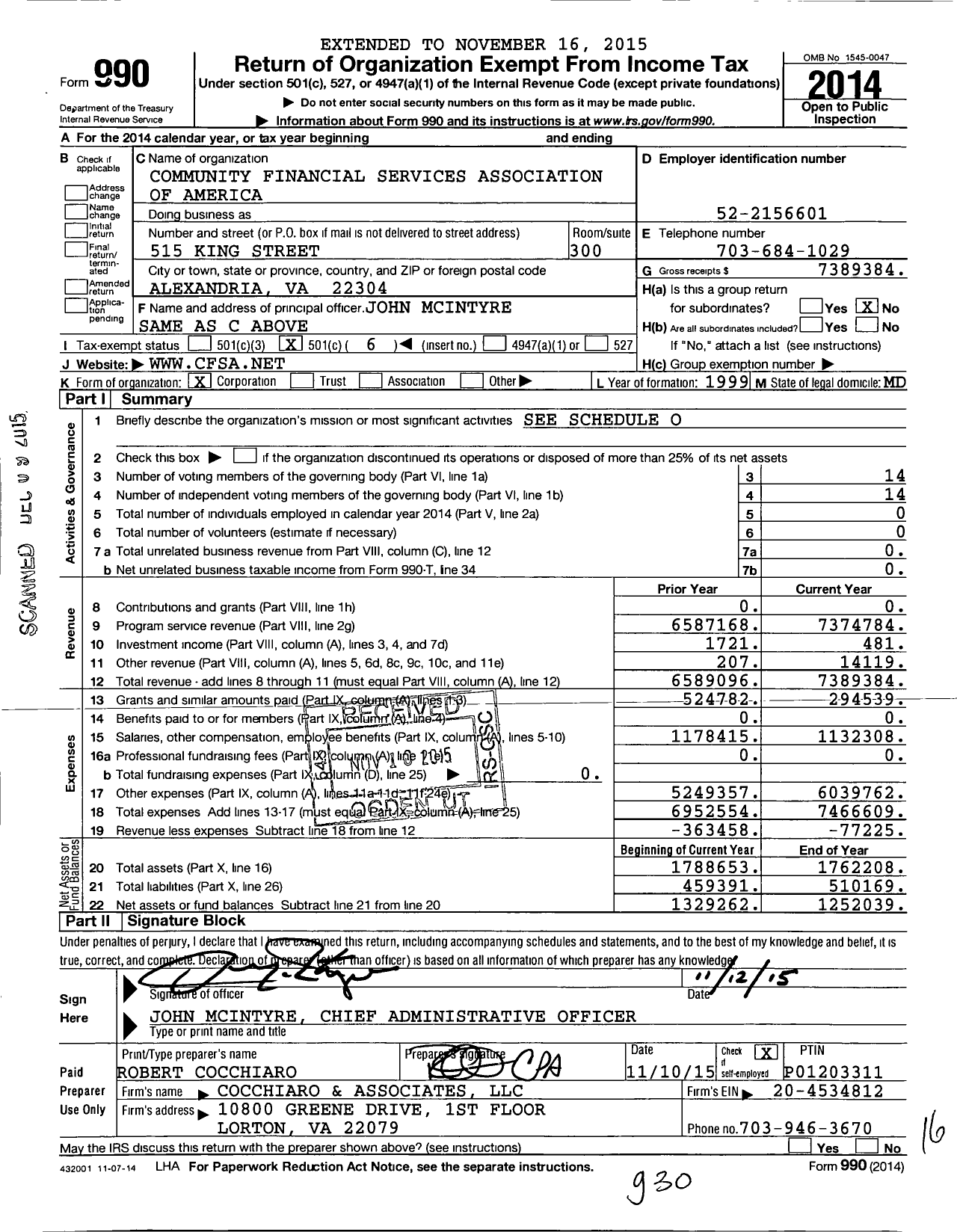 Image of first page of 2014 Form 990O for Community Financial Services Association (CFSA)