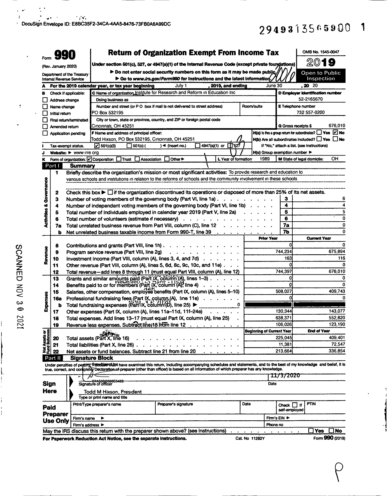Image of first page of 2019 Form 990 for Institute for Research and Reform in Education