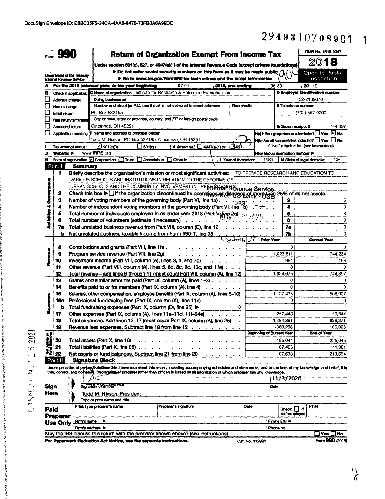 Image of first page of 2018 Form 990 for Institute for Research and Reform in Education