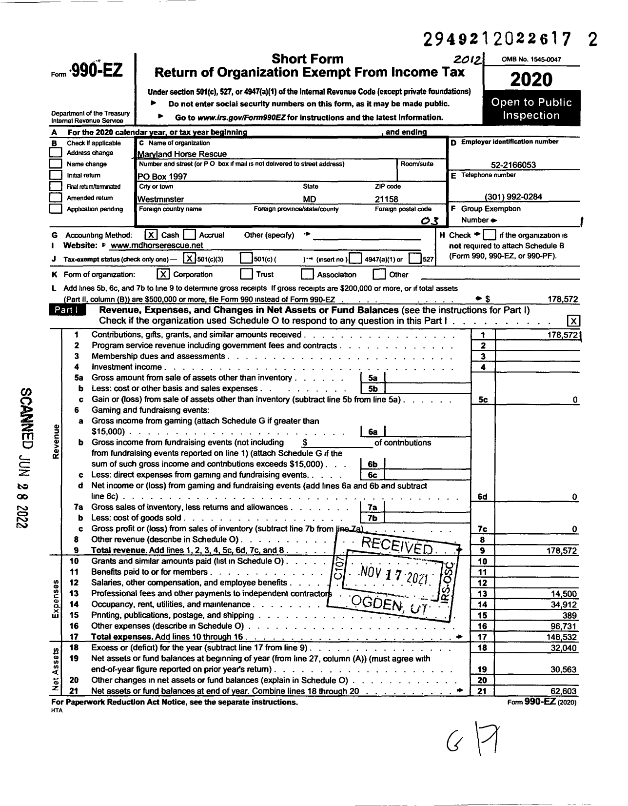 Image of first page of 2020 Form 990EZ for Maryland Horse Rescue