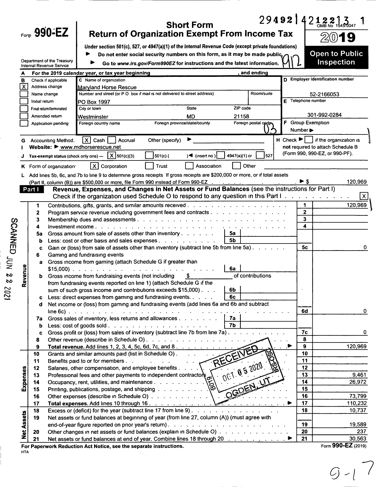 Image of first page of 2019 Form 990EZ for Maryland Horse Rescue