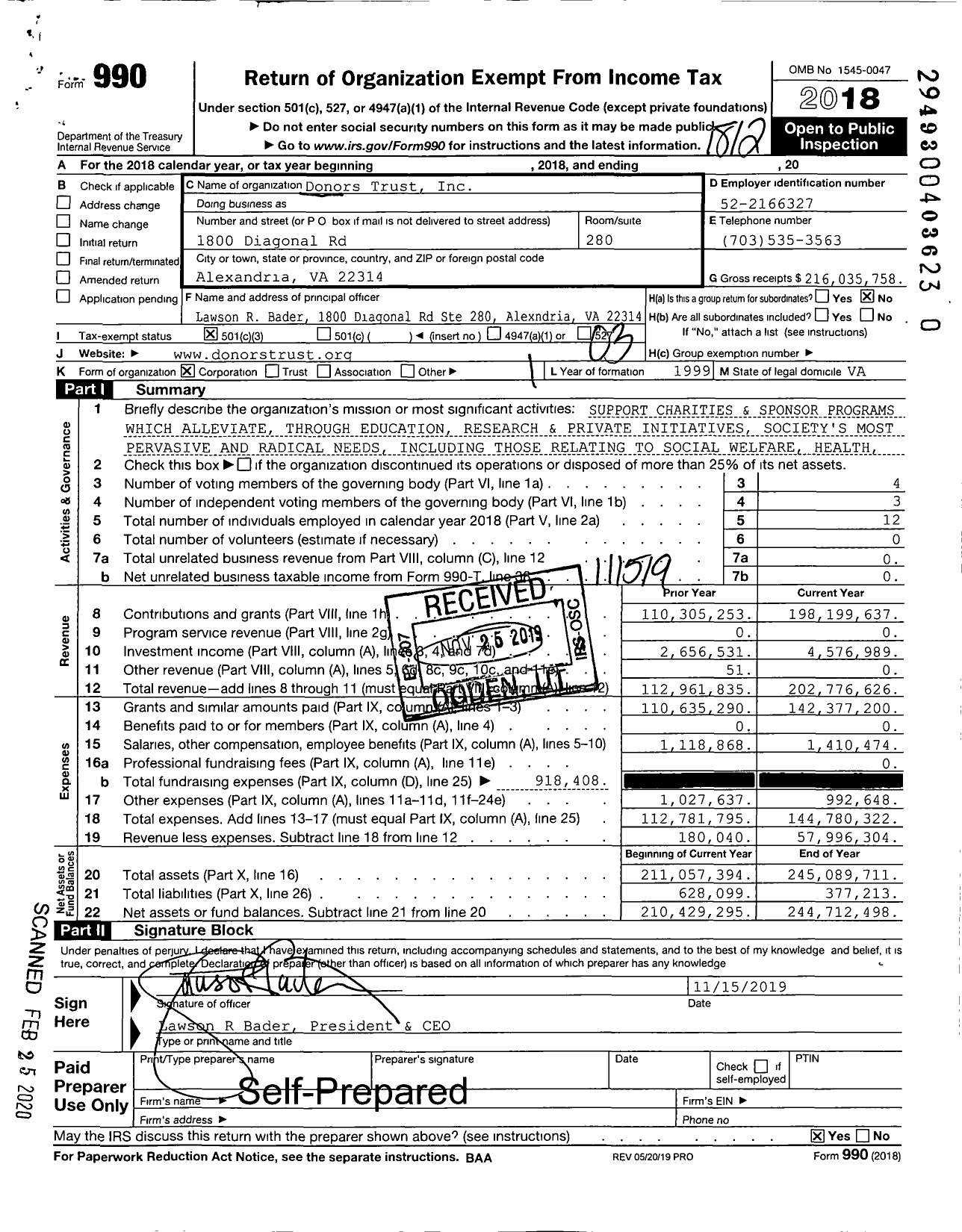 Image of first page of 2018 Form 990 for Donors Trust