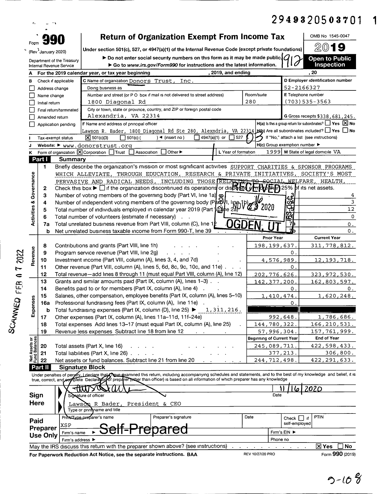 Image of first page of 2019 Form 990 for Donors Trust