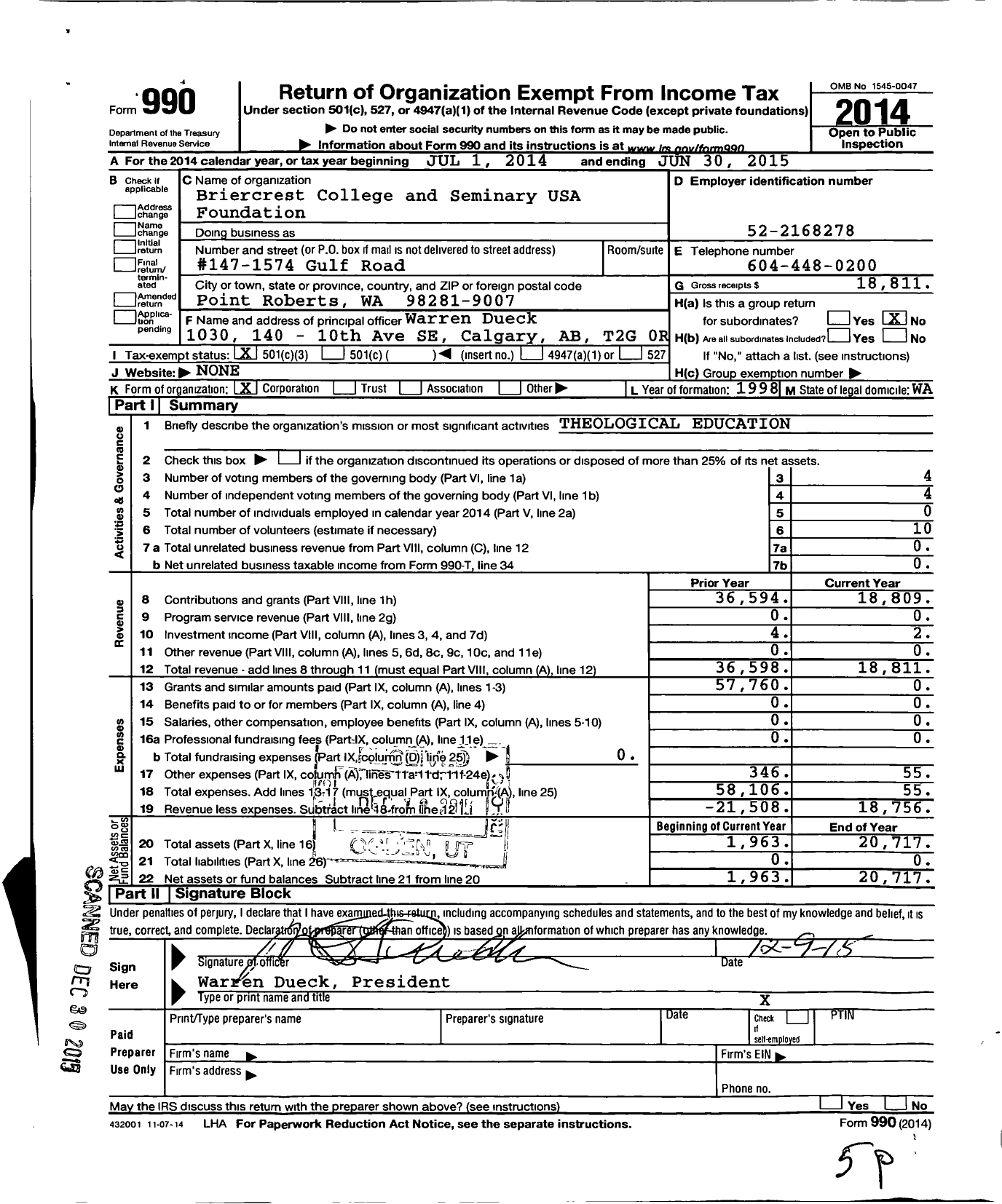 Image of first page of 2014 Form 990 for Briercrest College and Seminary USA Foundation