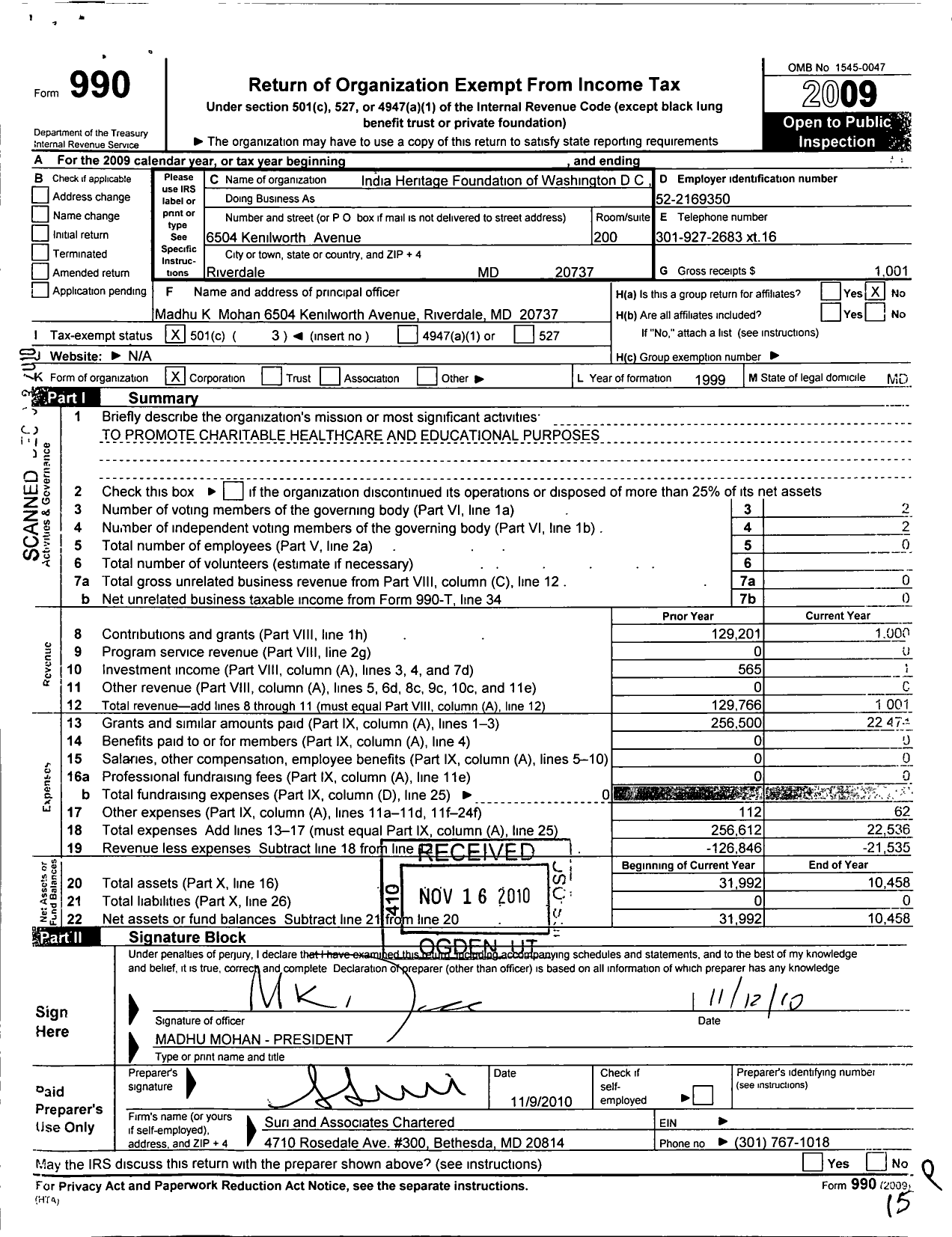 Image of first page of 2009 Form 990 for India Health and Heritage Foundation of USA