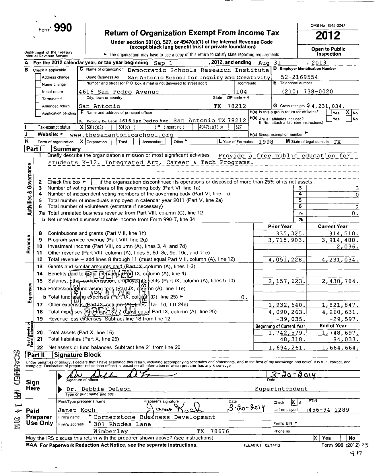 Image of first page of 2012 Form 990 for Democratic Schools Research Institute