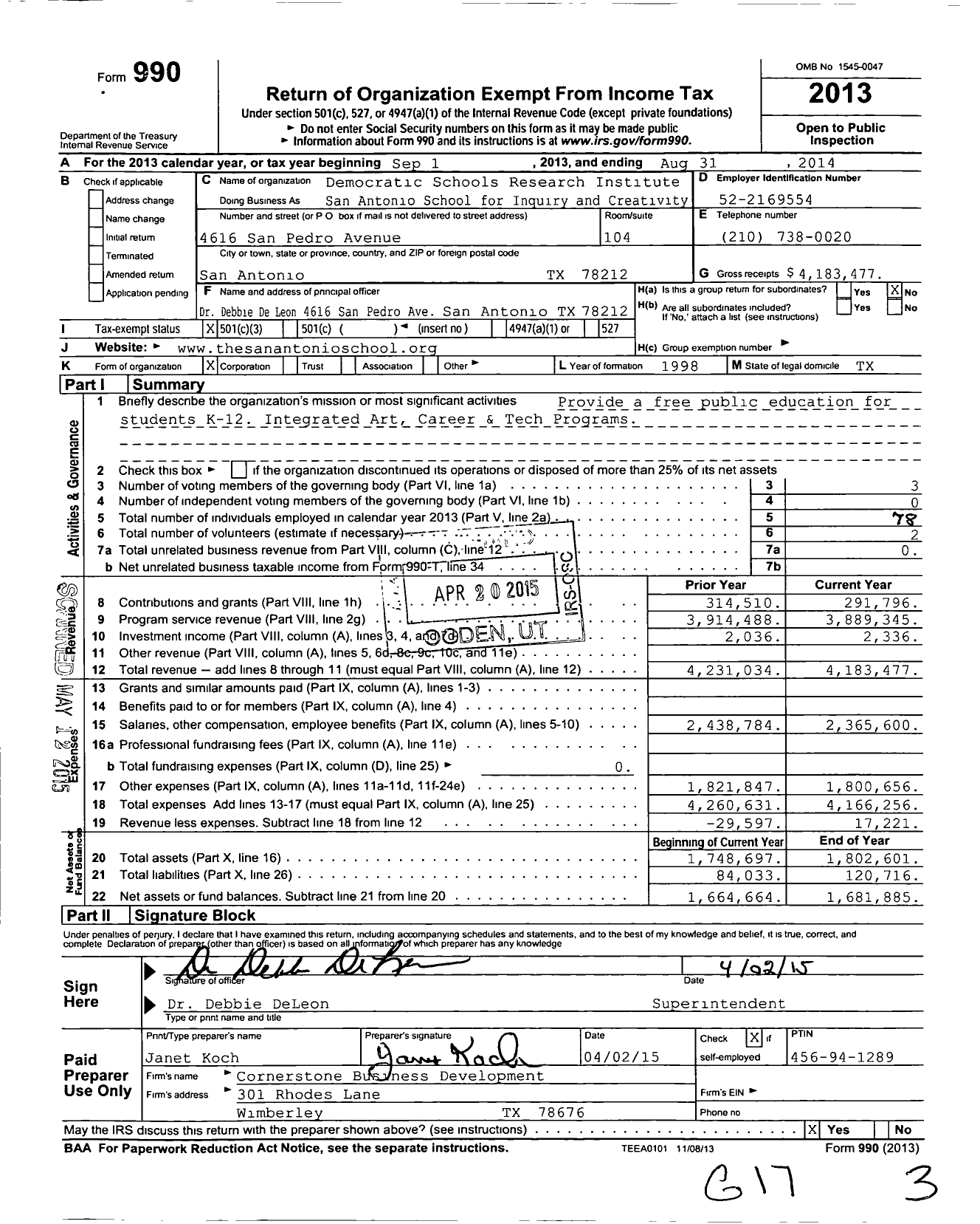 Image of first page of 2013 Form 990 for Democratic Schools Research Institute