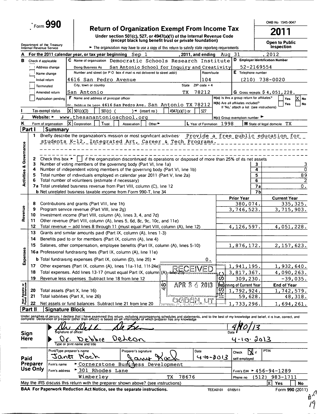 Image of first page of 2011 Form 990 for Democratic Schools Research Institute