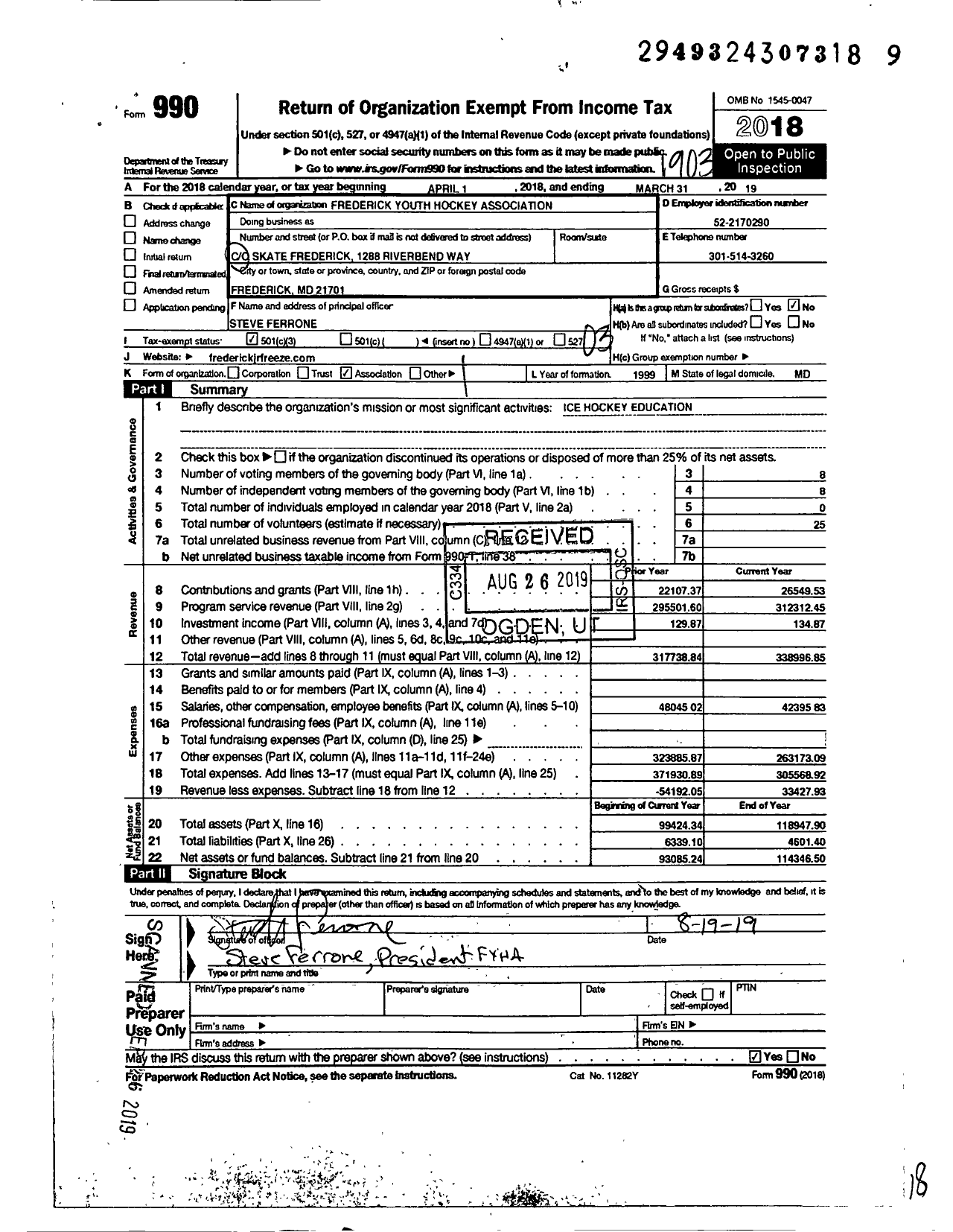 Image of first page of 2018 Form 990 for Frederick Youth Hockey Association