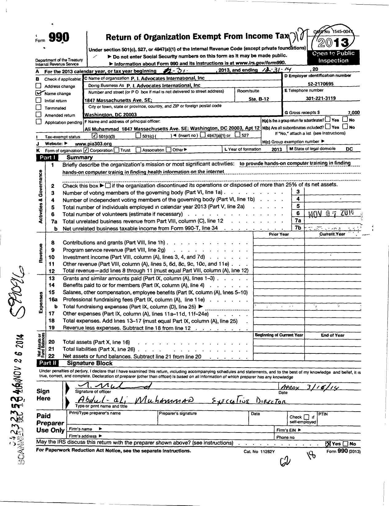 Image of first page of 2013 Form 990 for P I Advocates International