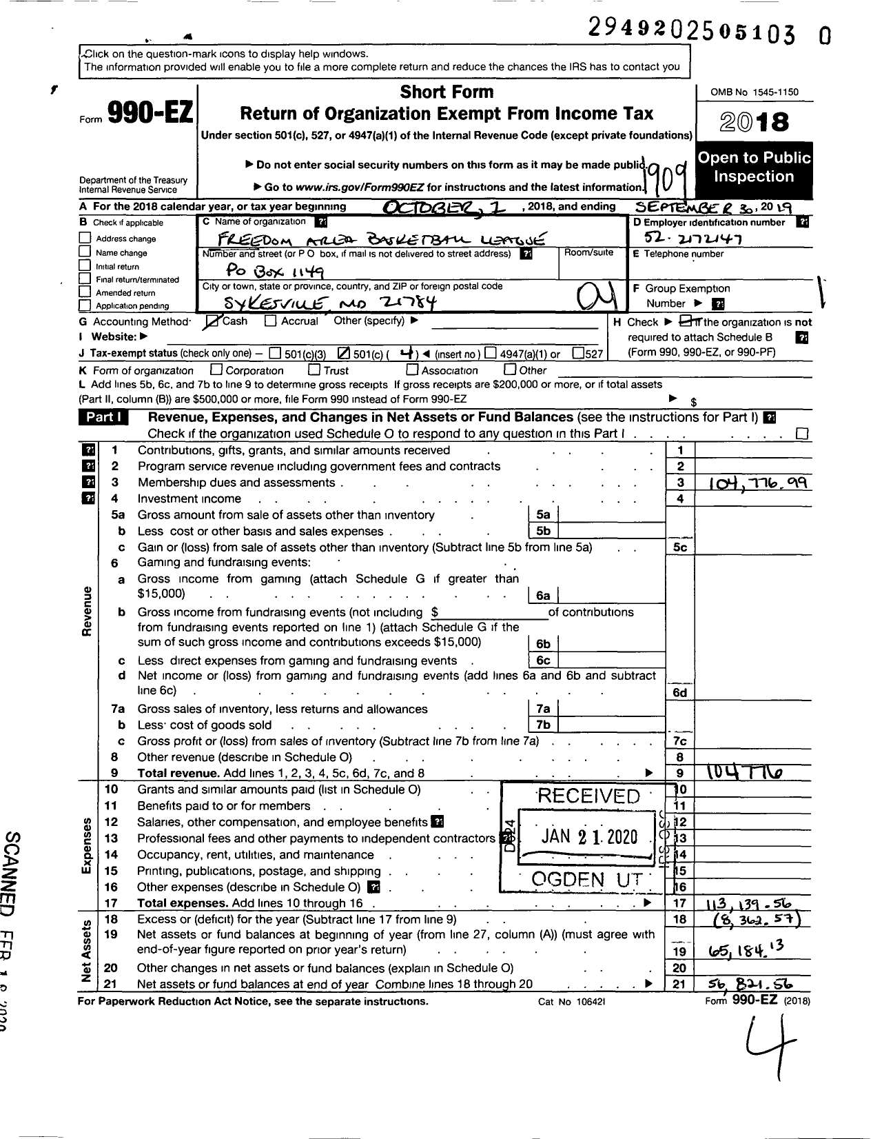 Image of first page of 2018 Form 990EO for Freedom Area Basketball